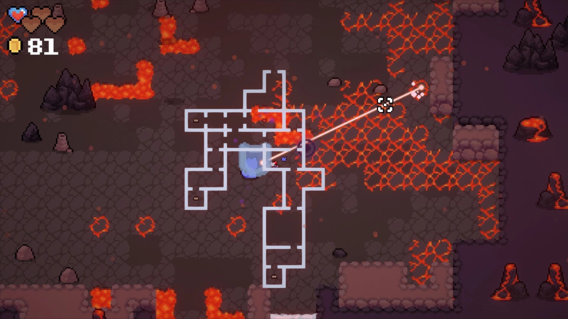 Meowmunitions: Cat firing laser in lava-filled dungeon with visible map and health bar on screen