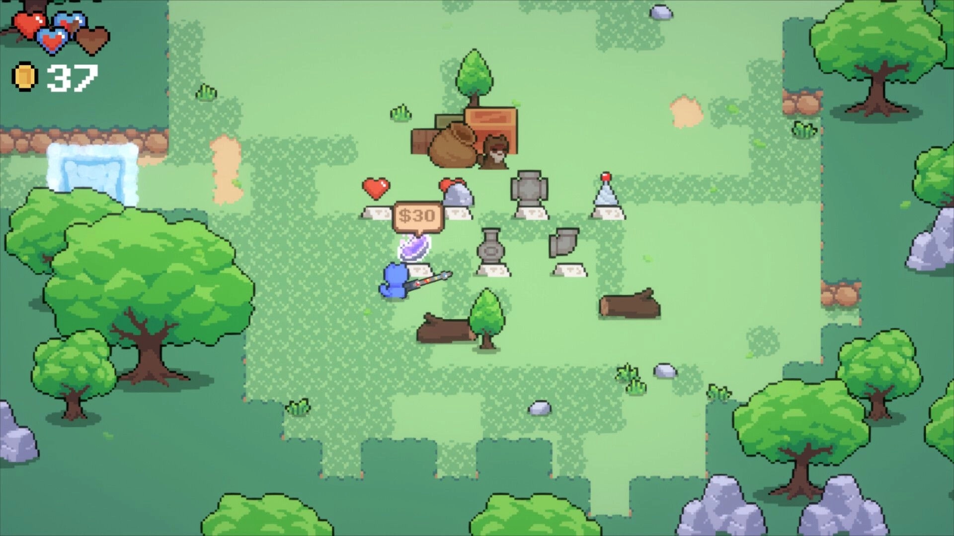Meowmunitions: Cat collects crafting parts in grassy clearing with trees and purchase option visible