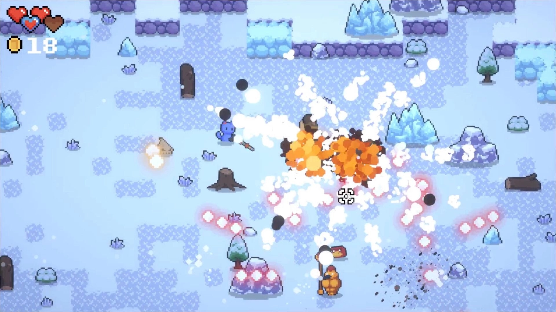 Meowmunitions: Cat character in snowy landscape battling enemies with explosions and bullets flying