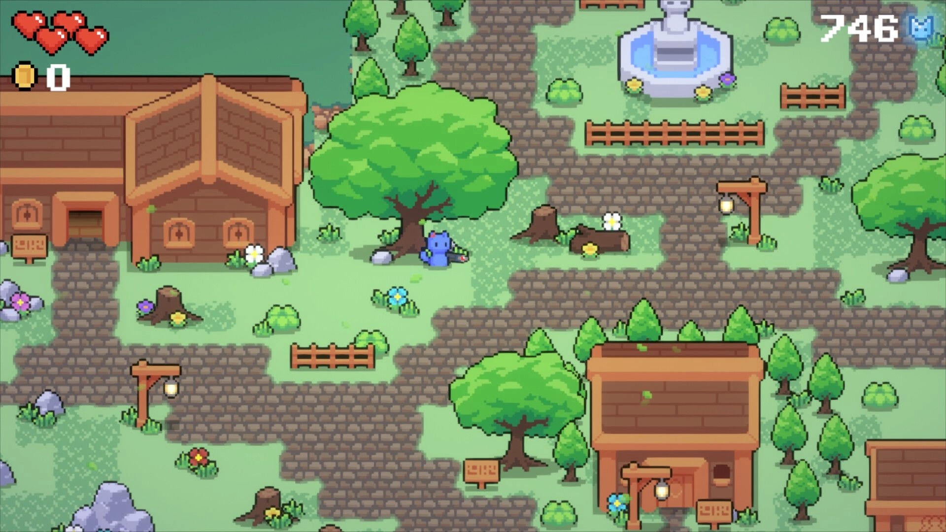 Meowmunitions: Blue cat exploring village, holding gun with hearts and coins displayed on screen