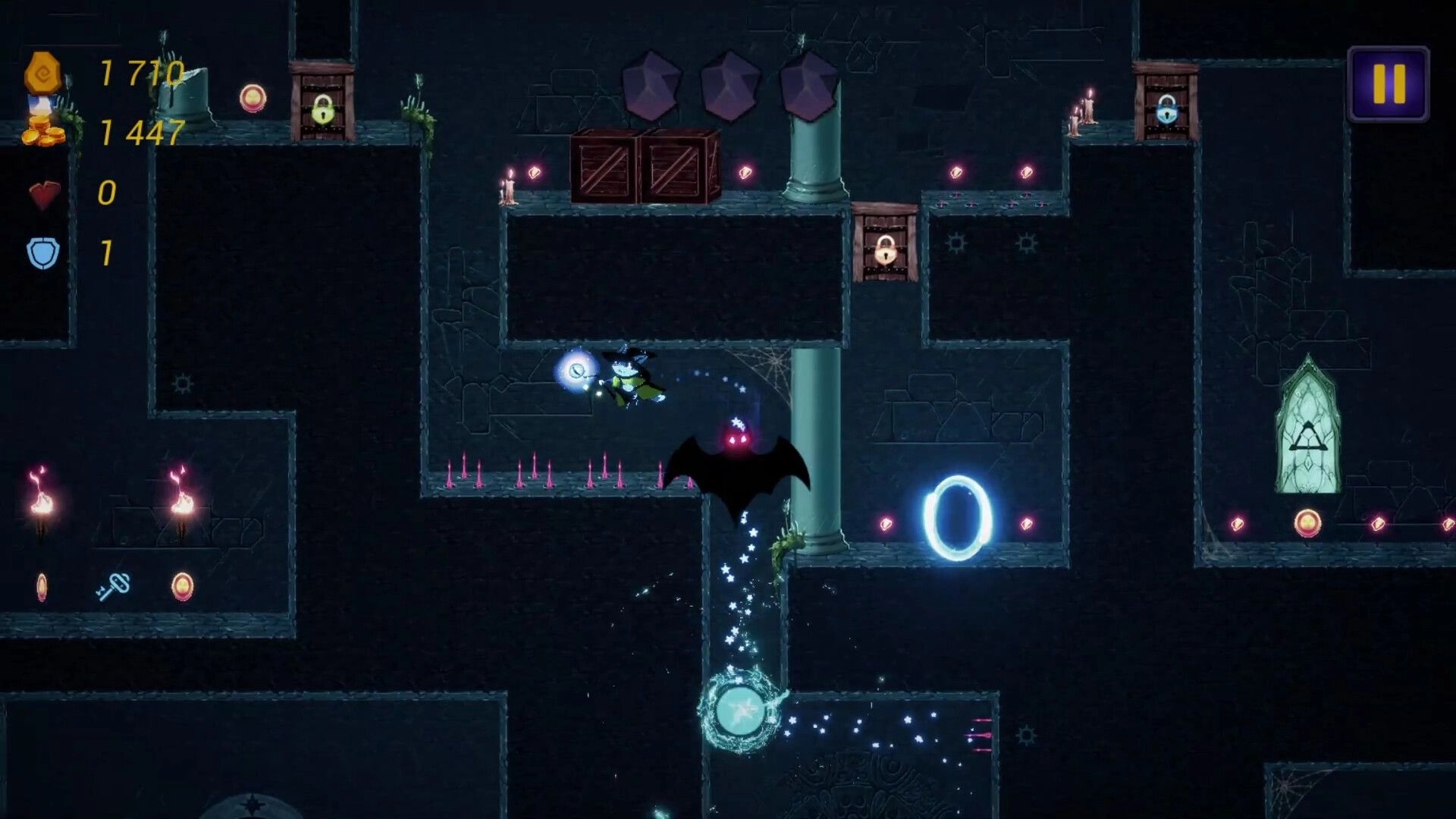 MeowSon: Cat hero jumps past a bat enemy, collecting coins and dodging spikes in a dark cavern level