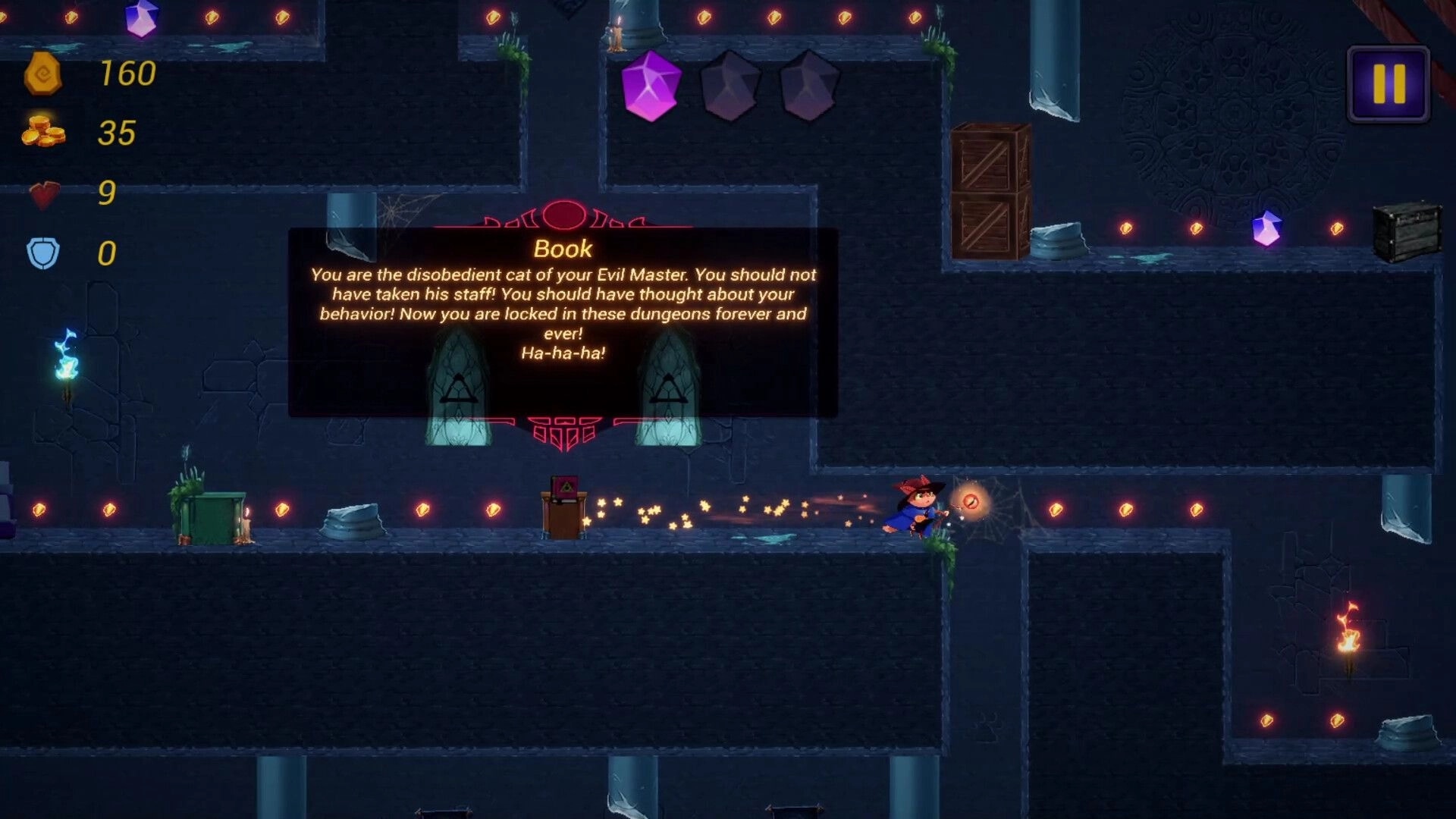 MeowSon: Cat protagonist running in a dungeon, collecting glowing orbs with a message displayed above.