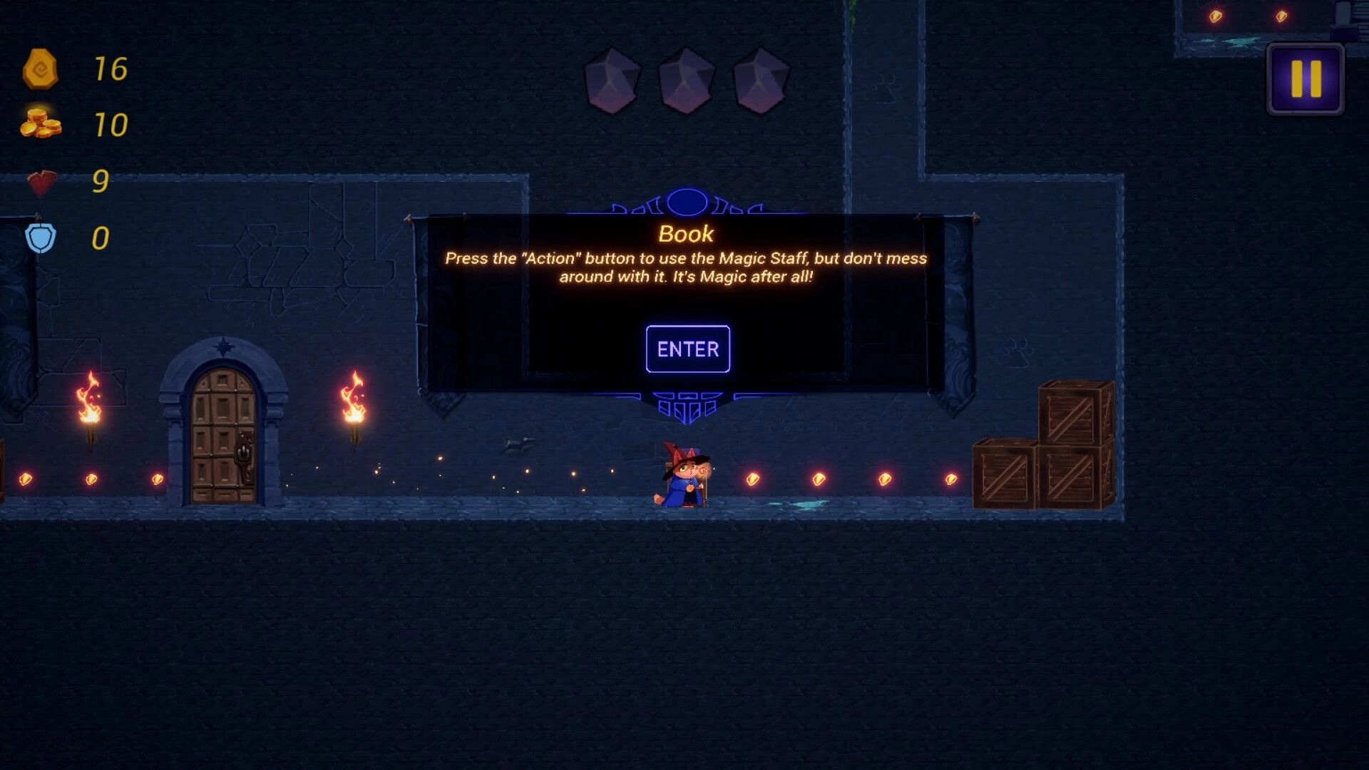 MeowSon: Wizard with magic staff reads book prompt in dark dungeon with coins, crates, and door nearby