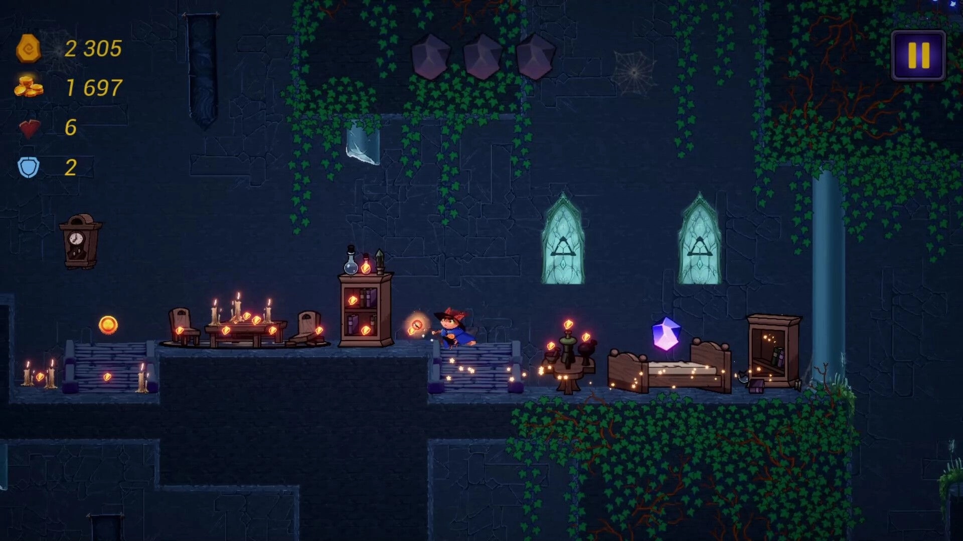 MeowSon: Player navigating a mystical castle room, collecting coins and a purple crystal amidst obstacles.