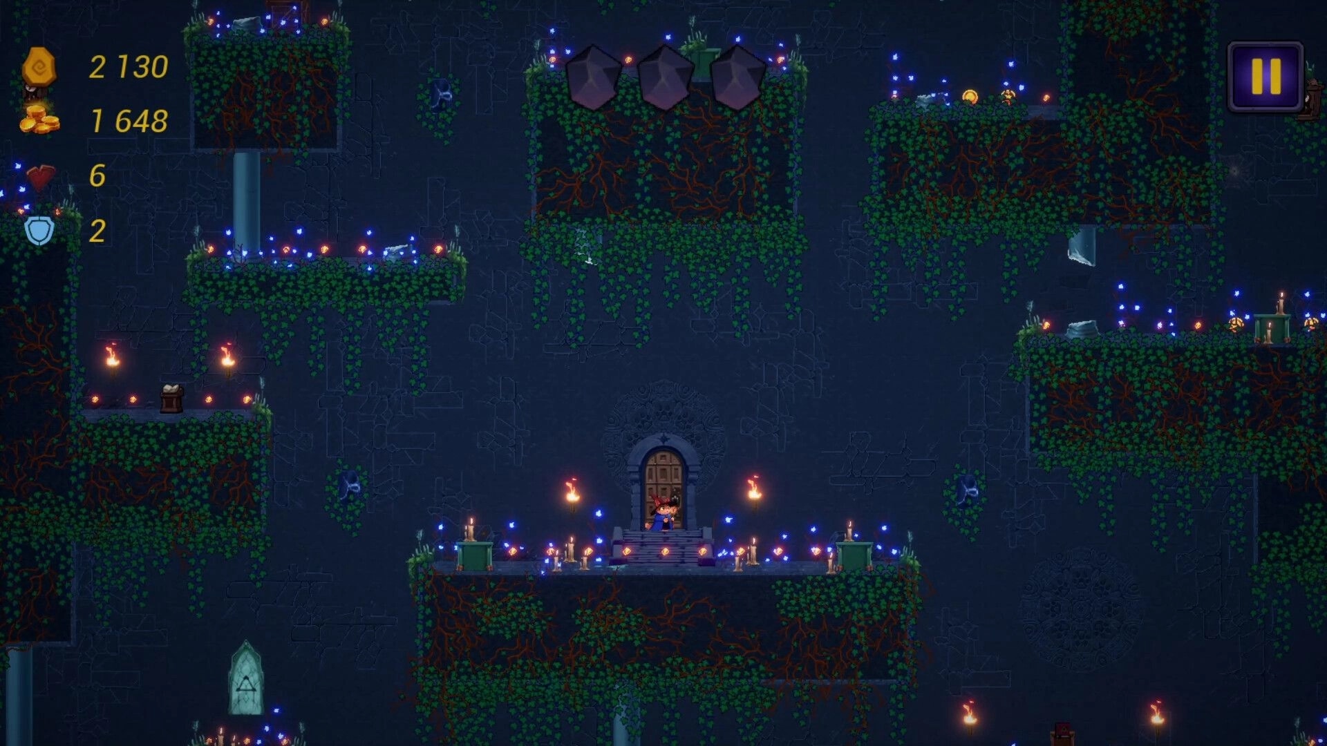 MeowSon: Platform level with character near doorway, surrounded by glowing vines, coins, and crystals.