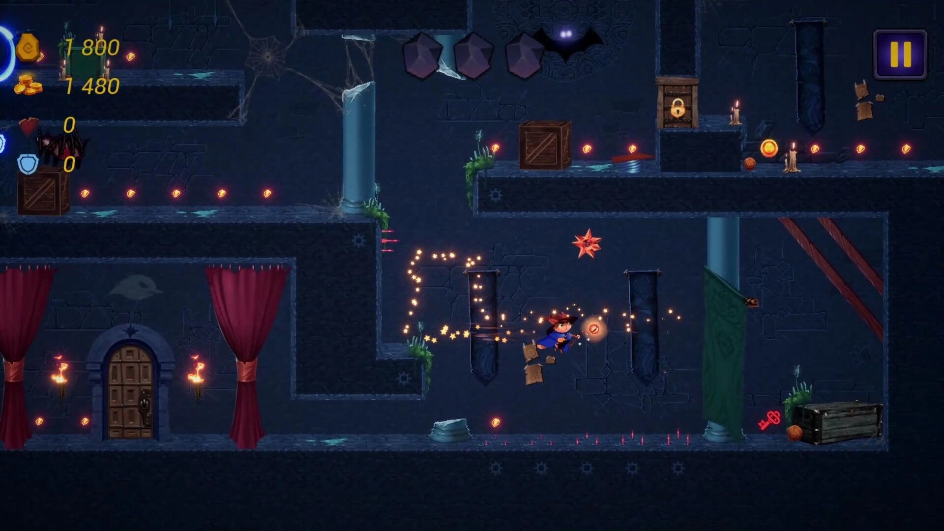 MeowSon: Collecting coins and avoiding obstacles in a dark dungeon with torches and red curtains