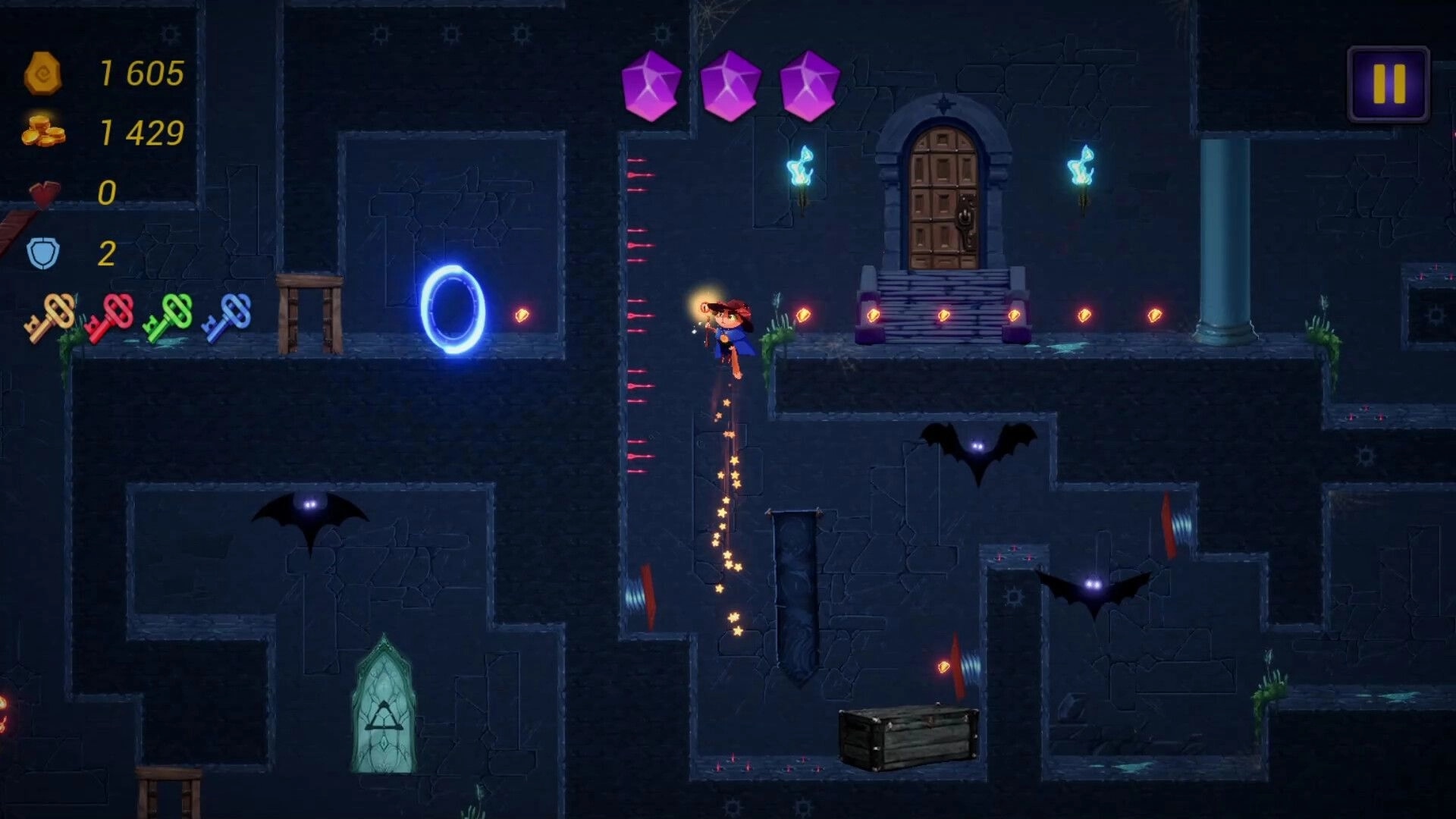 MeowSon: Character jumps near glowing portal in dark dungeon with bats and collectible gems visible