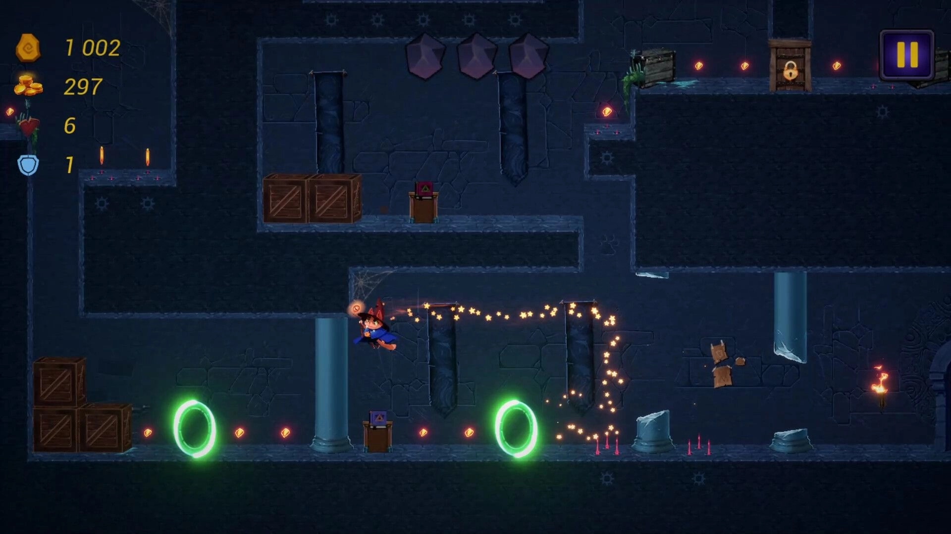 MeowSon: Wizard cat mid-jump through dungeon, dodging spikes and collecting coins with glowing portals nearby
