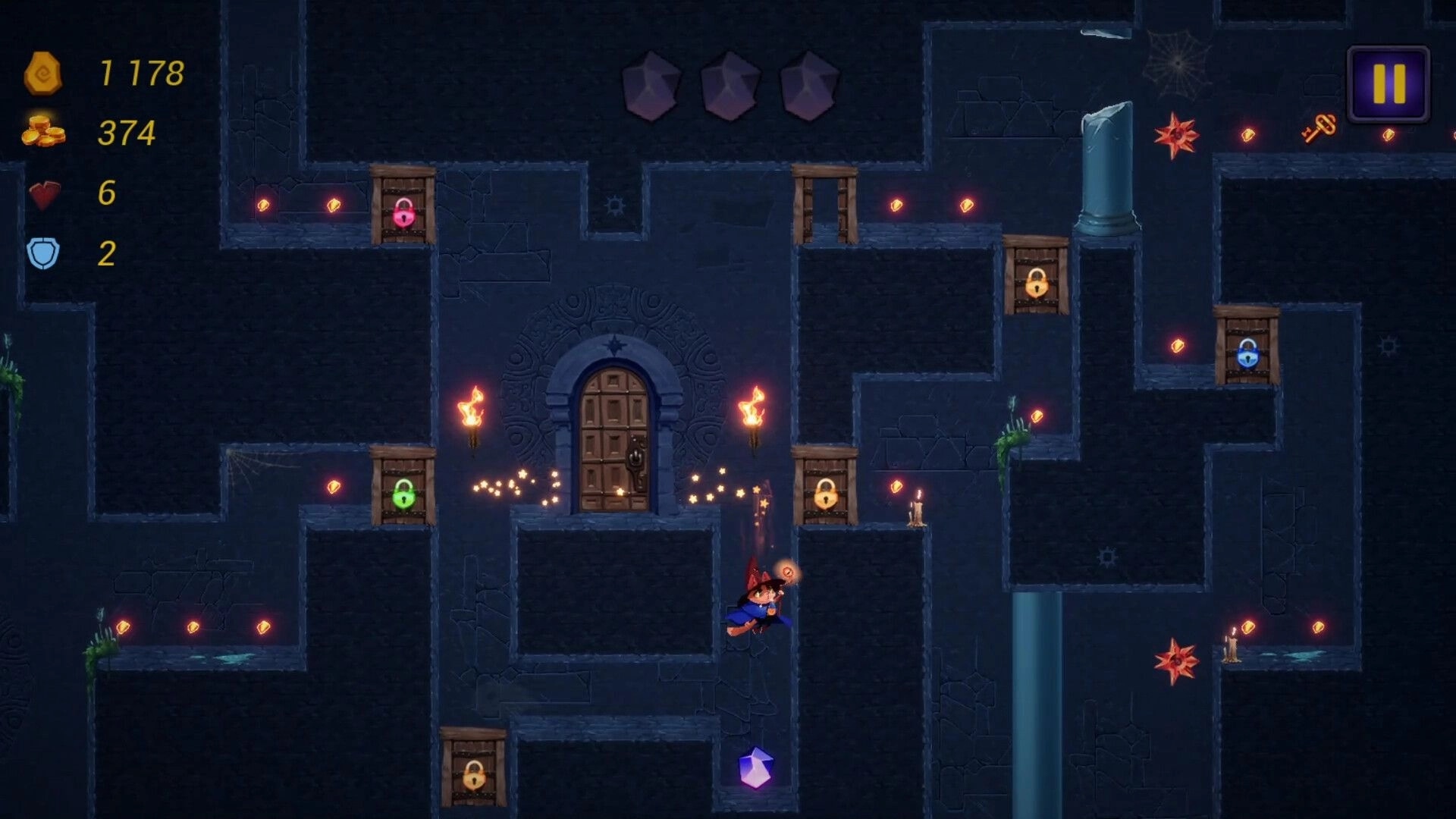 MeowSon: Character jumps to collect purple crystal in dark dungeon with locked doors and torches