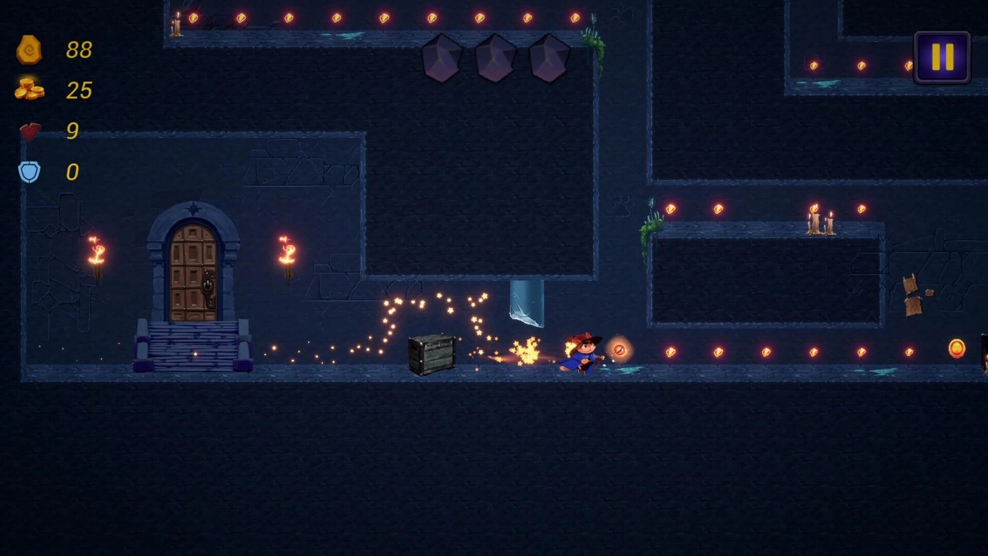 MeowSon: Player runs in dungeon collecting coins with lit torches and closed door in the background