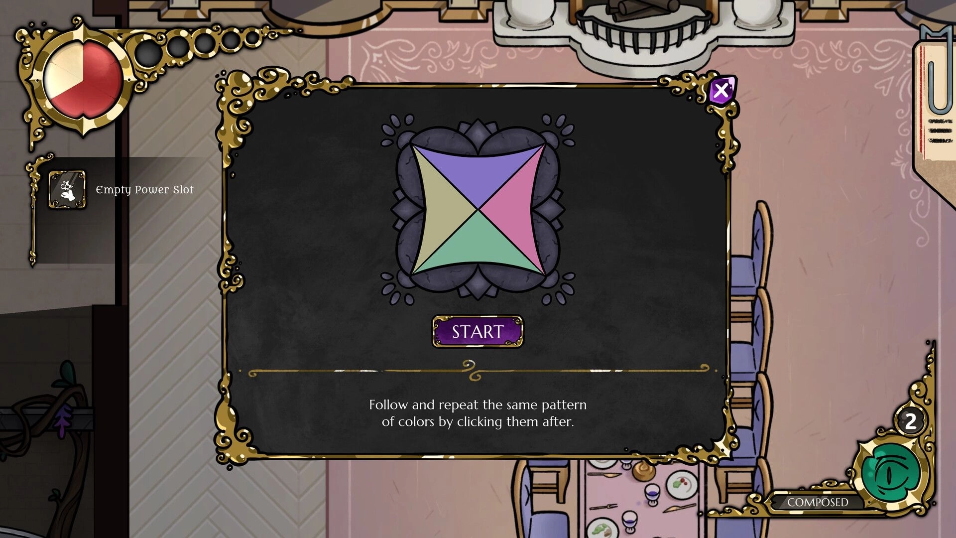 Meowstery Wisp: Color pattern minigame popup with Start button over dining room table and chairs UI.