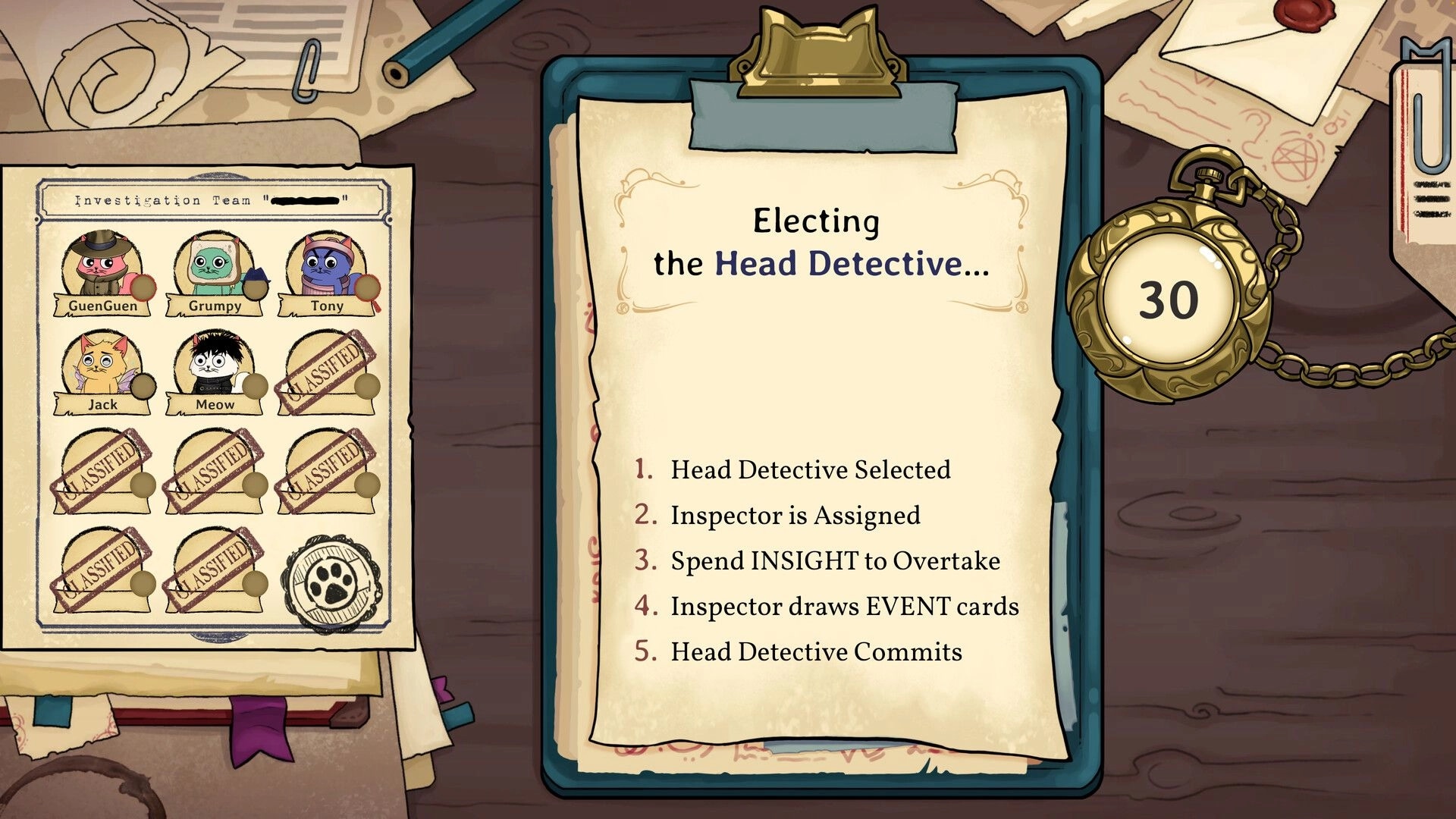 Meowstery Wisp: Head Detective election screen with cat avatars and 30s timer on a cluttered desk UI.