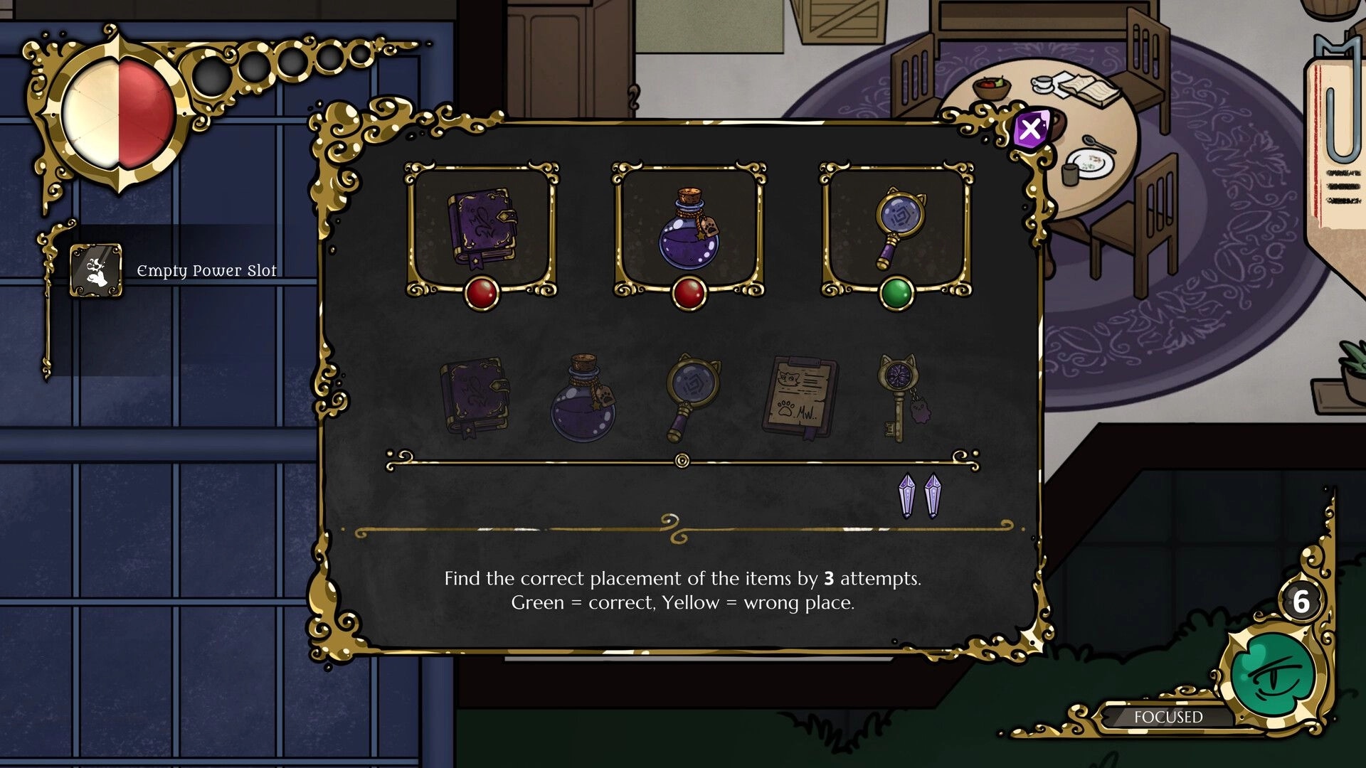 Meowstery Wisp: Item placement puzzle UI with book, potion, and magnifier slots over a dining room table.