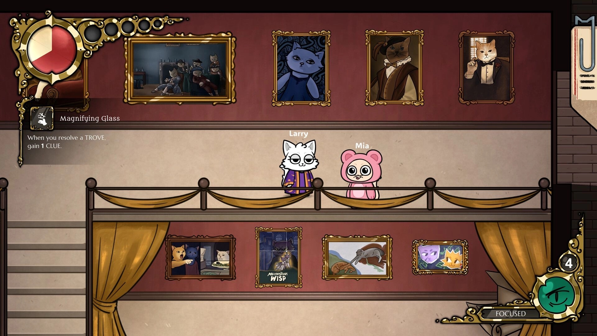 Meowstery Wisp: Larry and Mia stand on balcony by portraits, Magnifying Glass clue card UI visible.