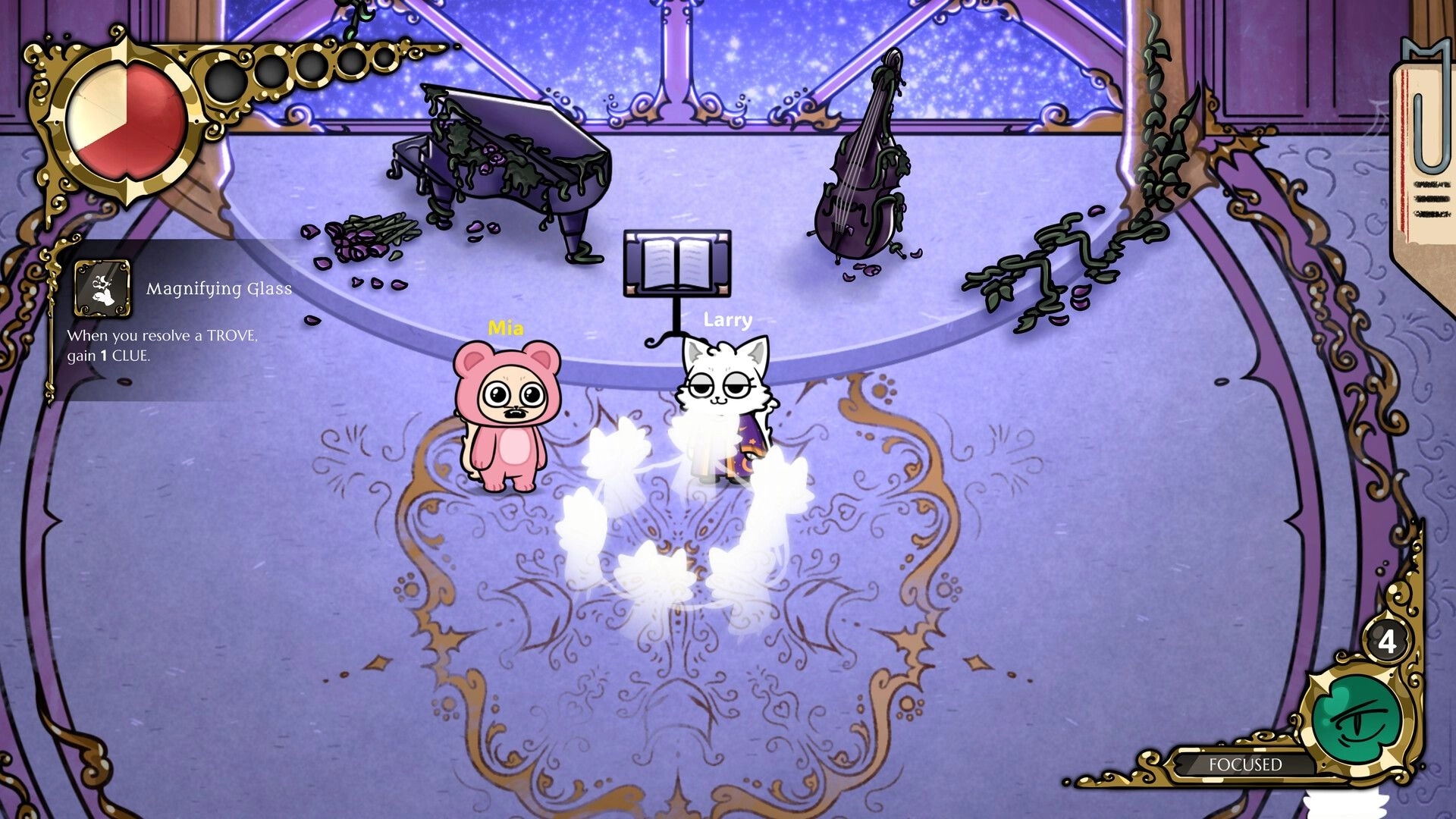 Meowstery Wisp: Mia and Larry stand by glowing wisps in a music hall, Magnifying Glass clue UI open.