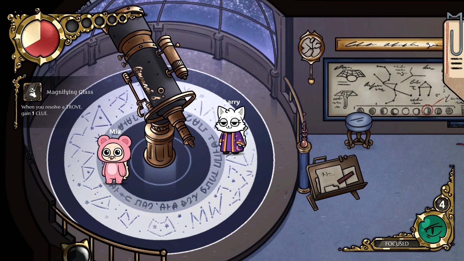 Meowstery Wisp: Mia and Larry by a telescope, Magnifying Glass clue UI in an observatory room.