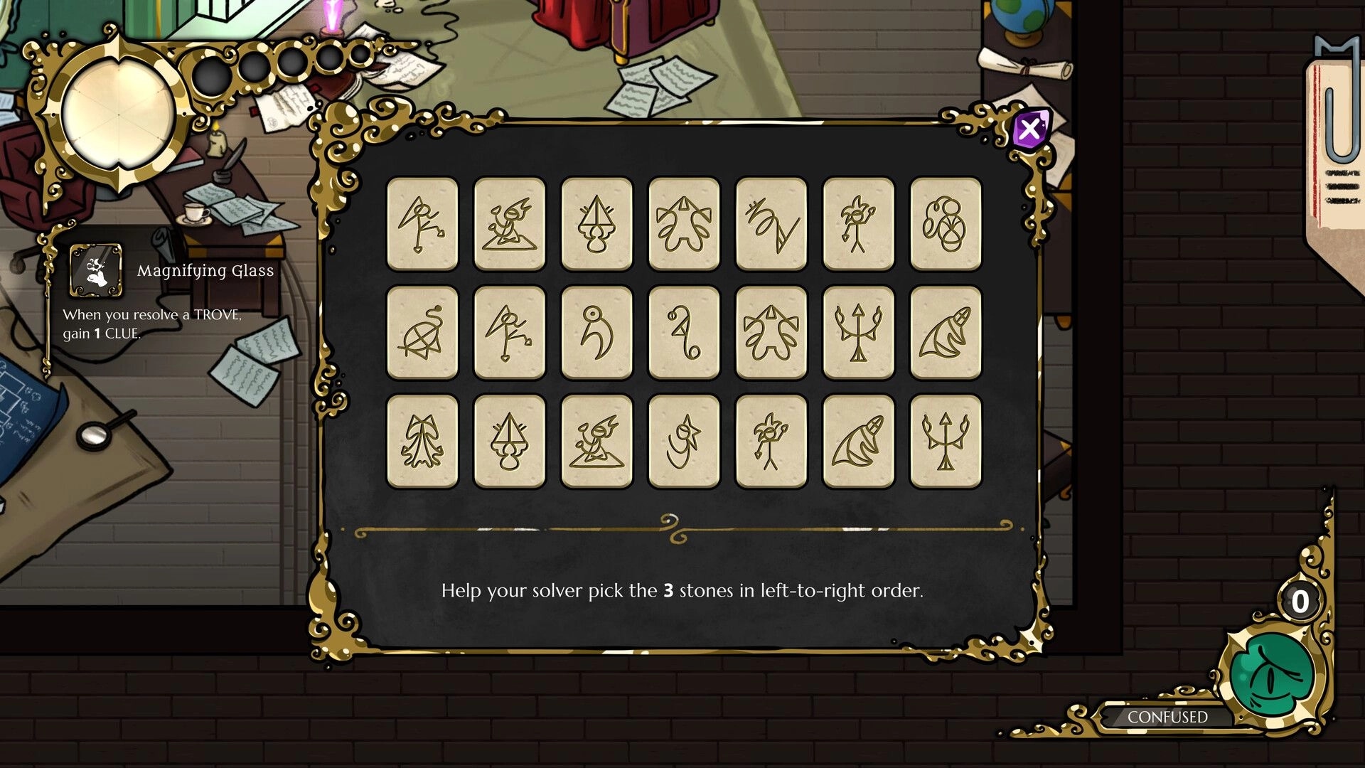 Meowstery Wisp: Puzzle UI with symbol tiles and Magnifying Glass clue card over a cluttered desk scene.