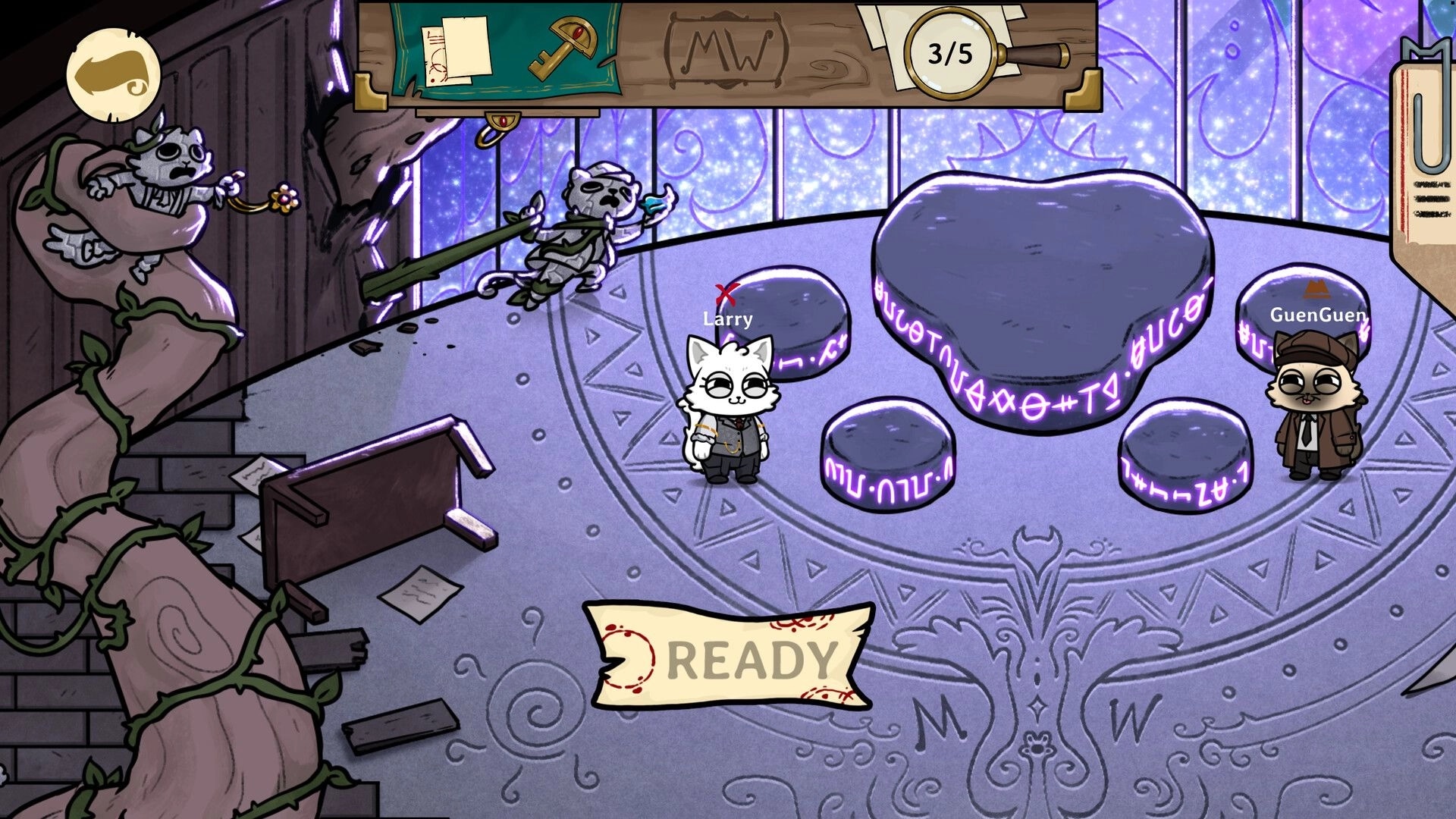 Meowstery Wisp: Larry and GuenGuen by glowing rune stools, READY button in a purple lobby room.