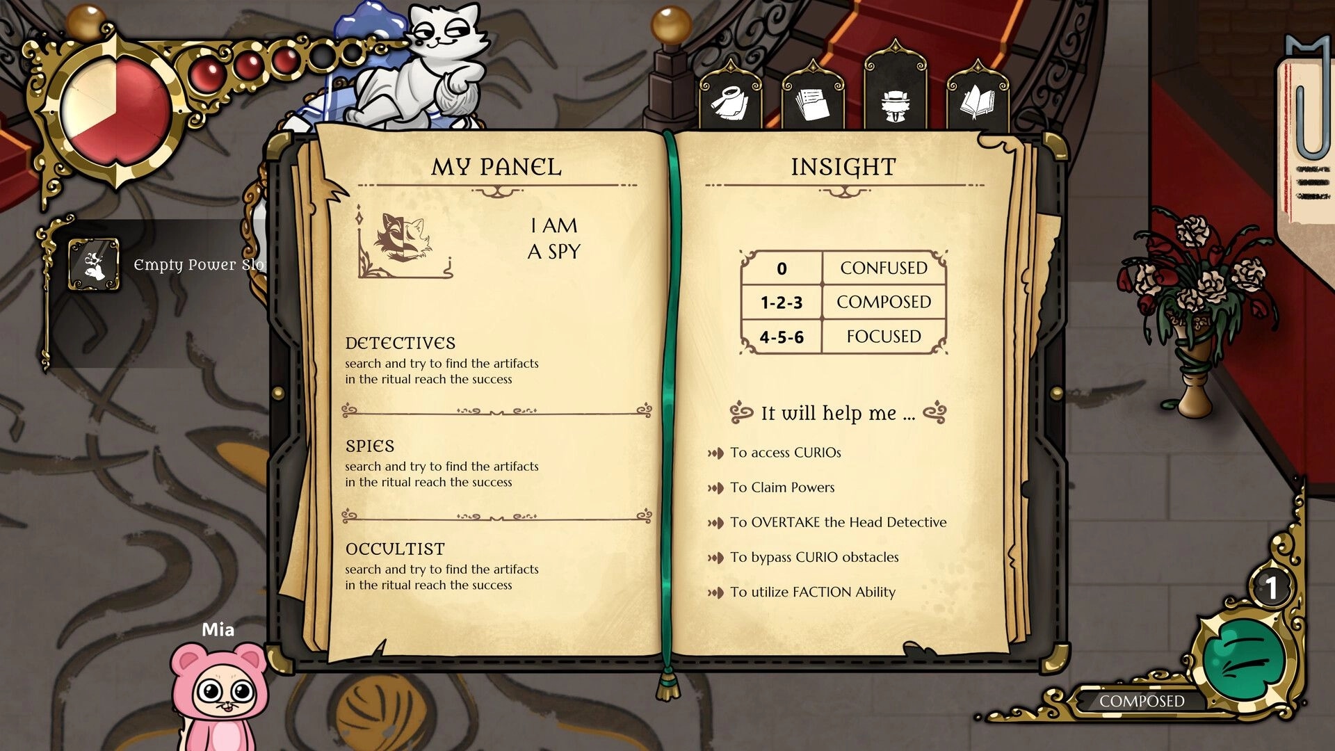 Meowstery Wisp: Open journal shows “I AM A SPY” and Insight chart over mansion staircase UI.