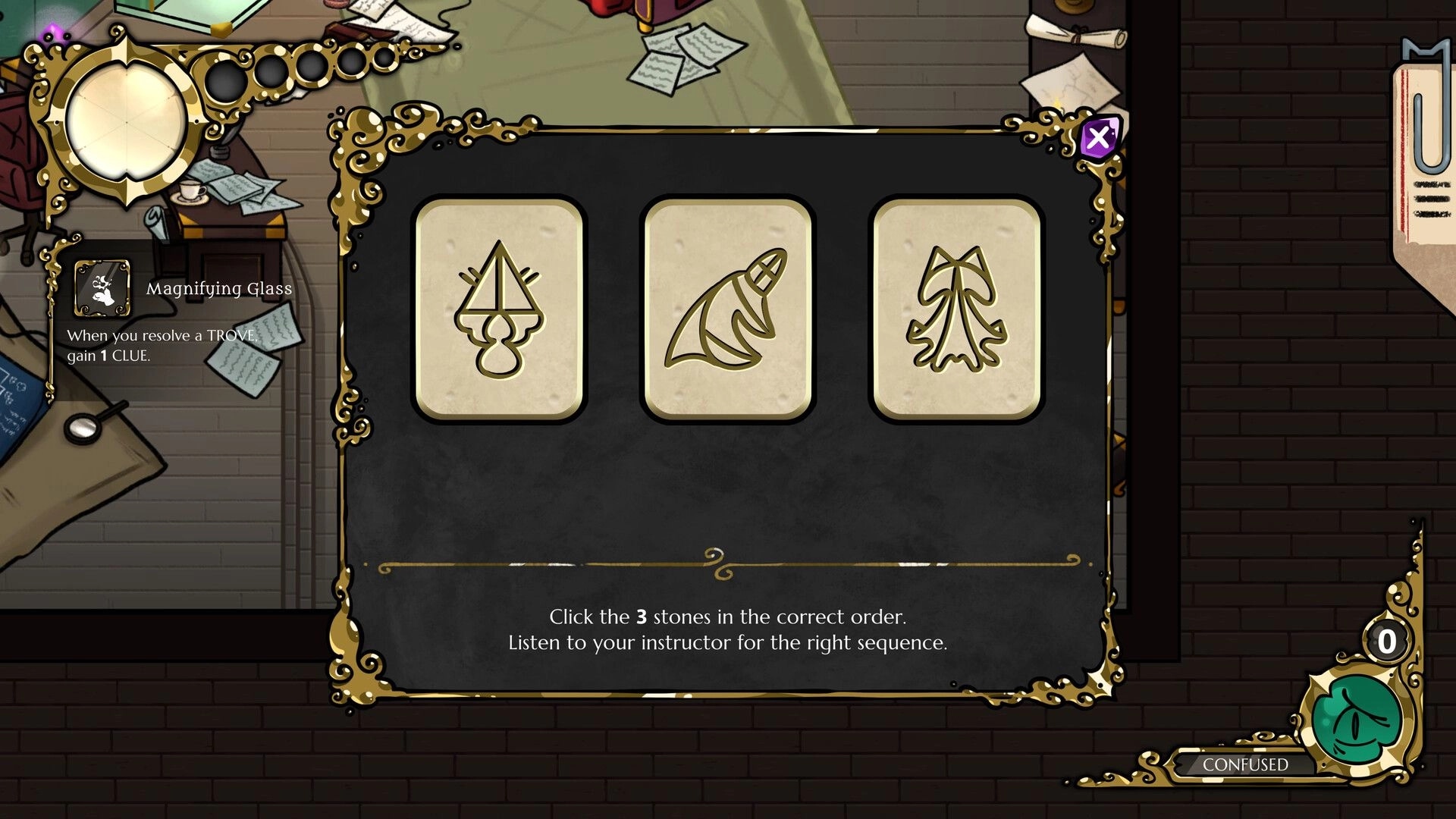 Meowstery Wisp: Puzzle panel with three symbol stones and clue note over a desk and papers backdrop.