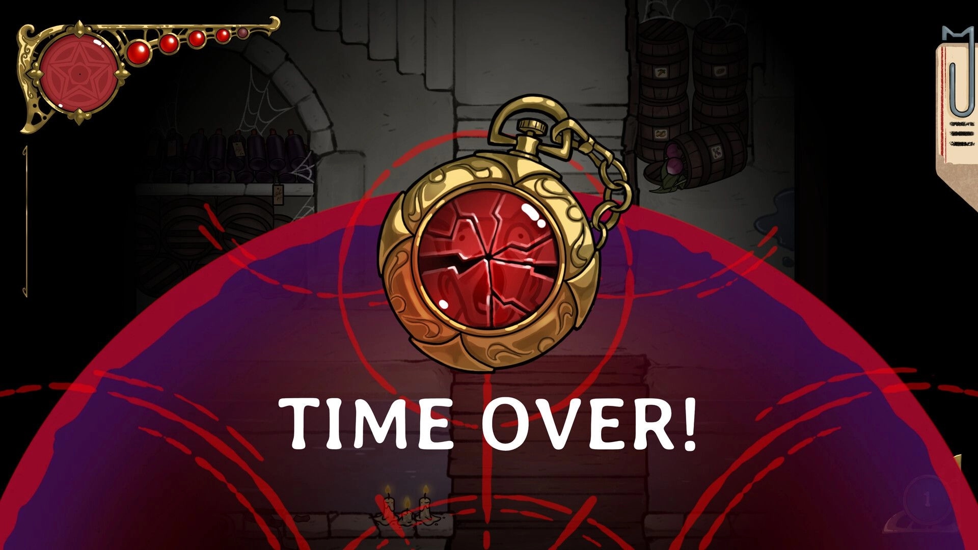 Meowstery Wisp: Time Over alert with cracked pocketwatch icon over dim cellar with barrels and stairs.