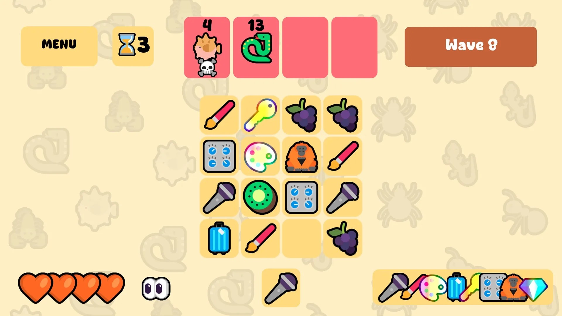 Merge Maestro: Emoji grid with paintbrush, grapes, and microphone in gameplay interface, Wave 8