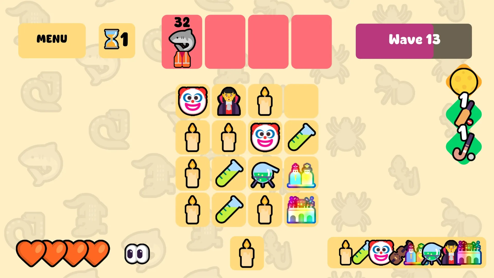 Merge Maestro: Emoji grid with candles and clowns, Wave 13 indicator, and character in orange jumpsuit