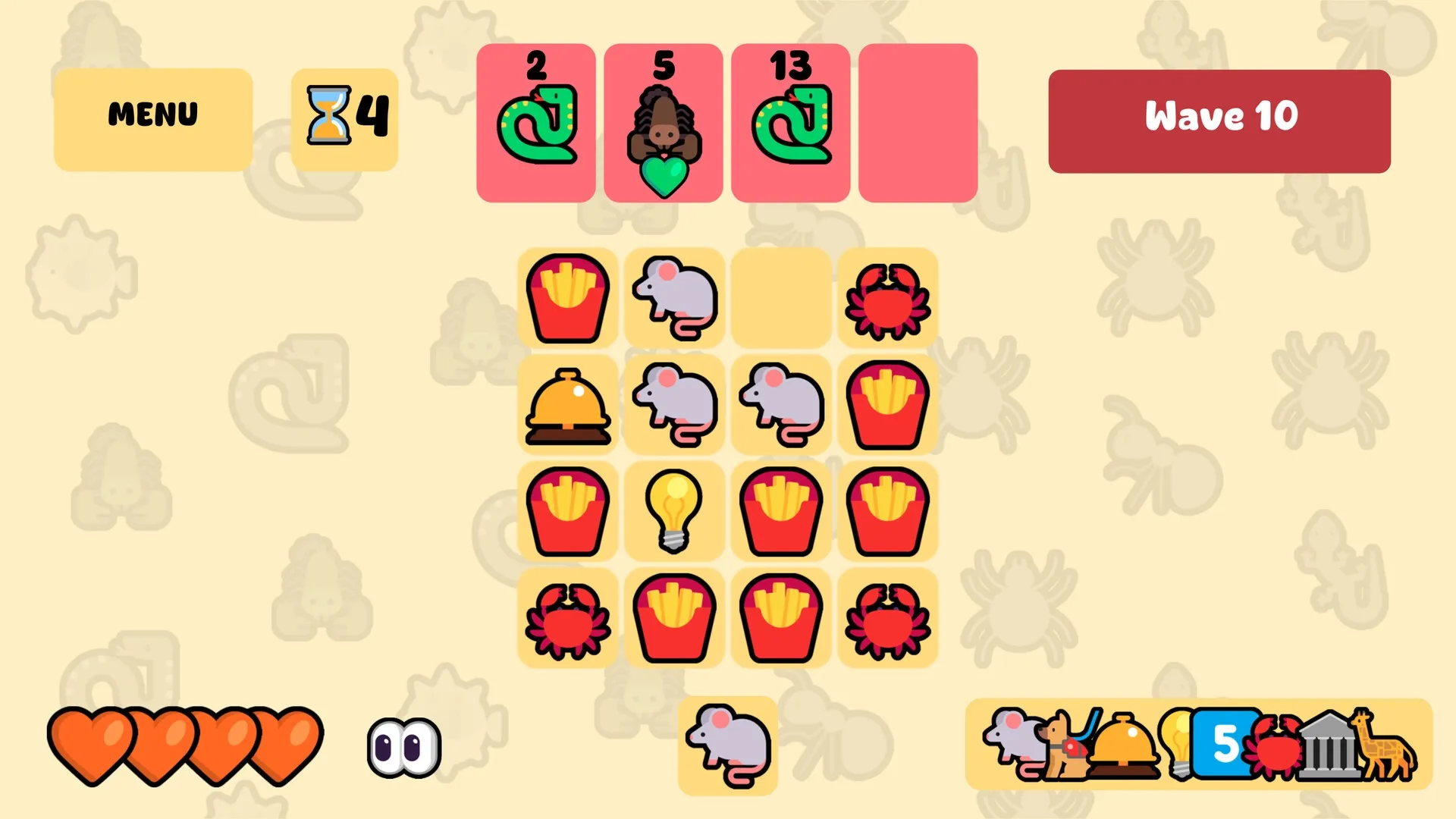 Merge Maestro: Grid of emojis with fries, mice, and crabs in a strategic merge puzzle, wave 10