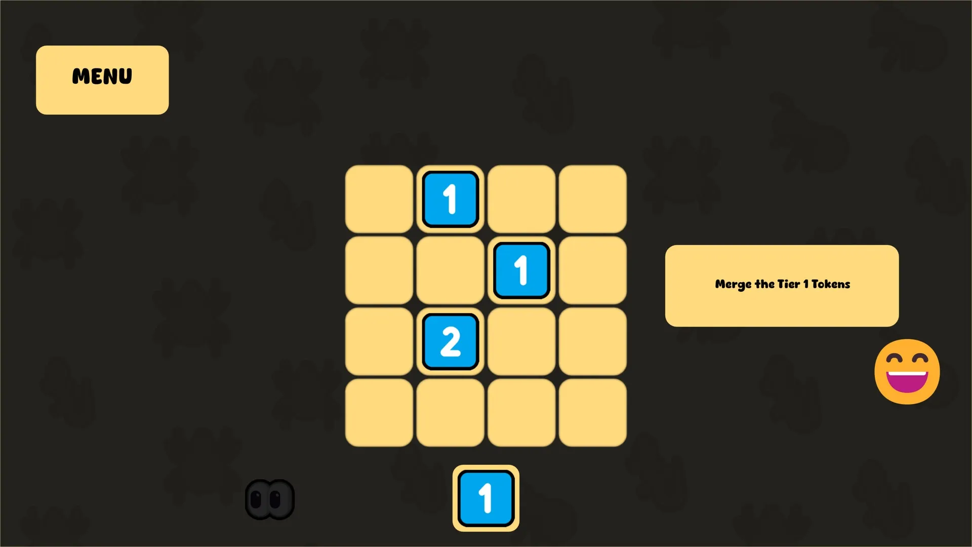 Merge Maestro: Grid puzzle with numbered tokens and instructions to merge Tier 1 in dark theme