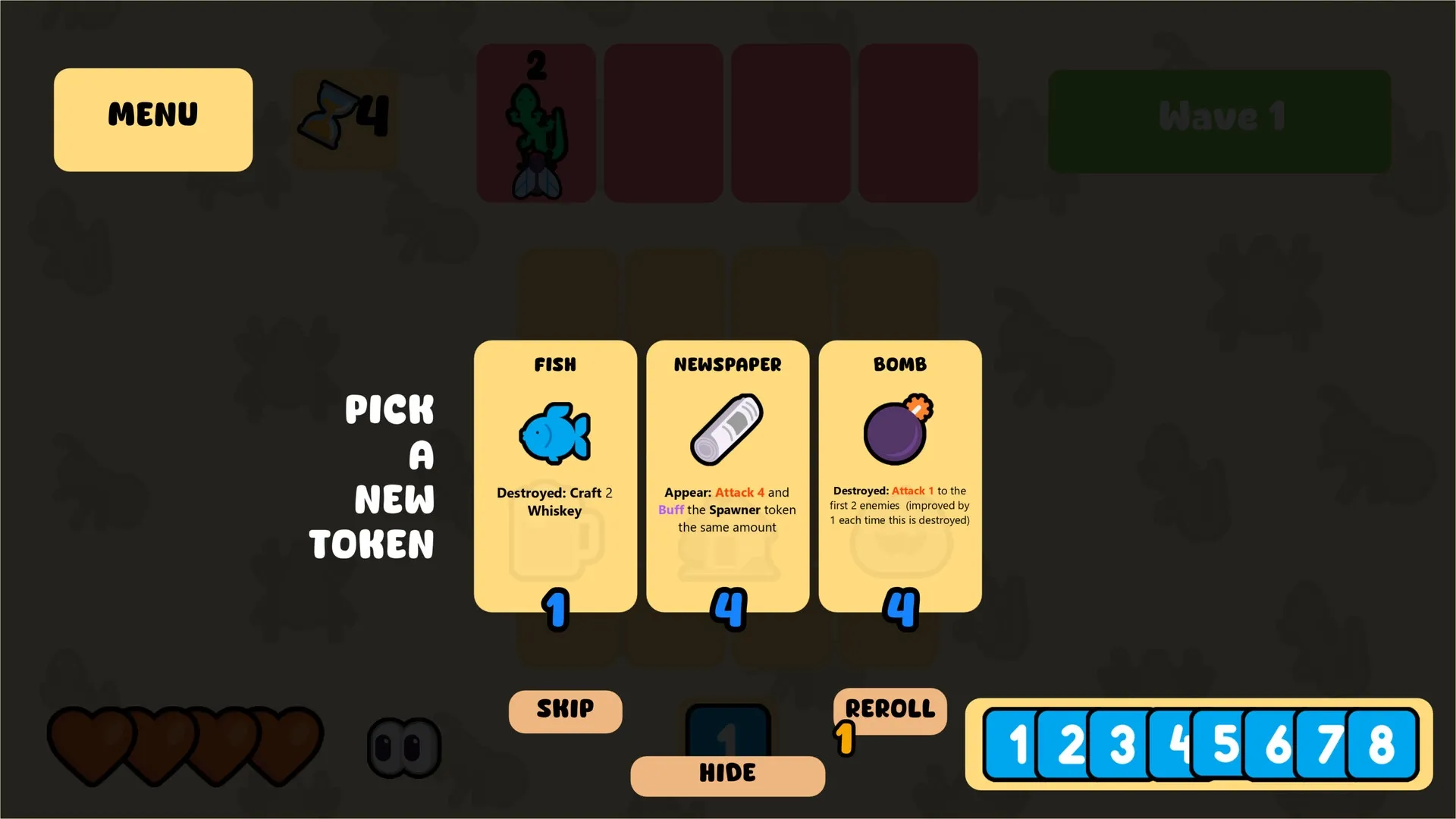Merge Maestro: Token selection screen with Fish, Newspaper, Bomb options in a roguelike game setting