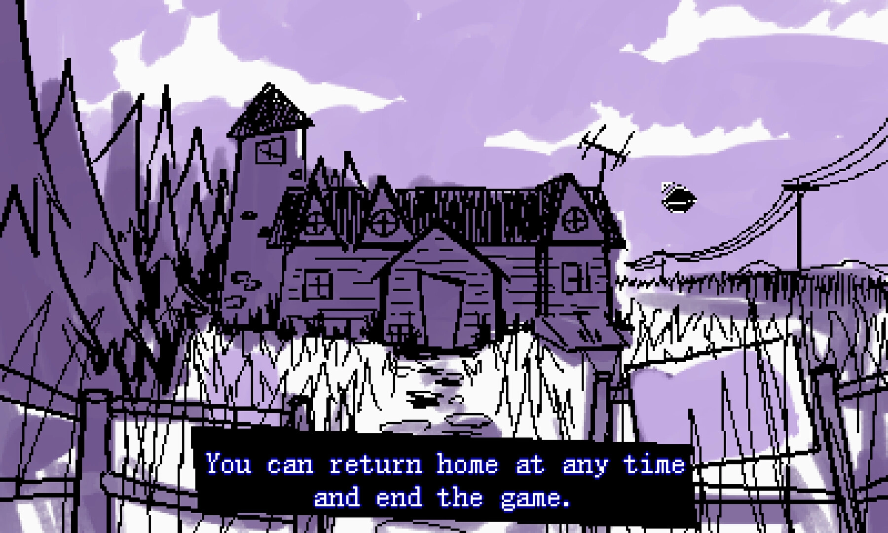Mesmalie: View of a witch's coven house surrounded by forest with option to end the game displayed.