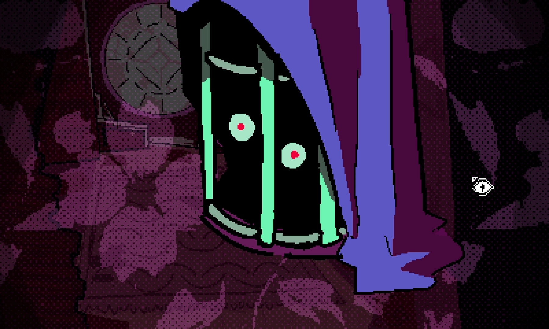 Mesmalie: Mysterious figure with glowing eyes under a purple cloak in a dimly lit, patterned room.
