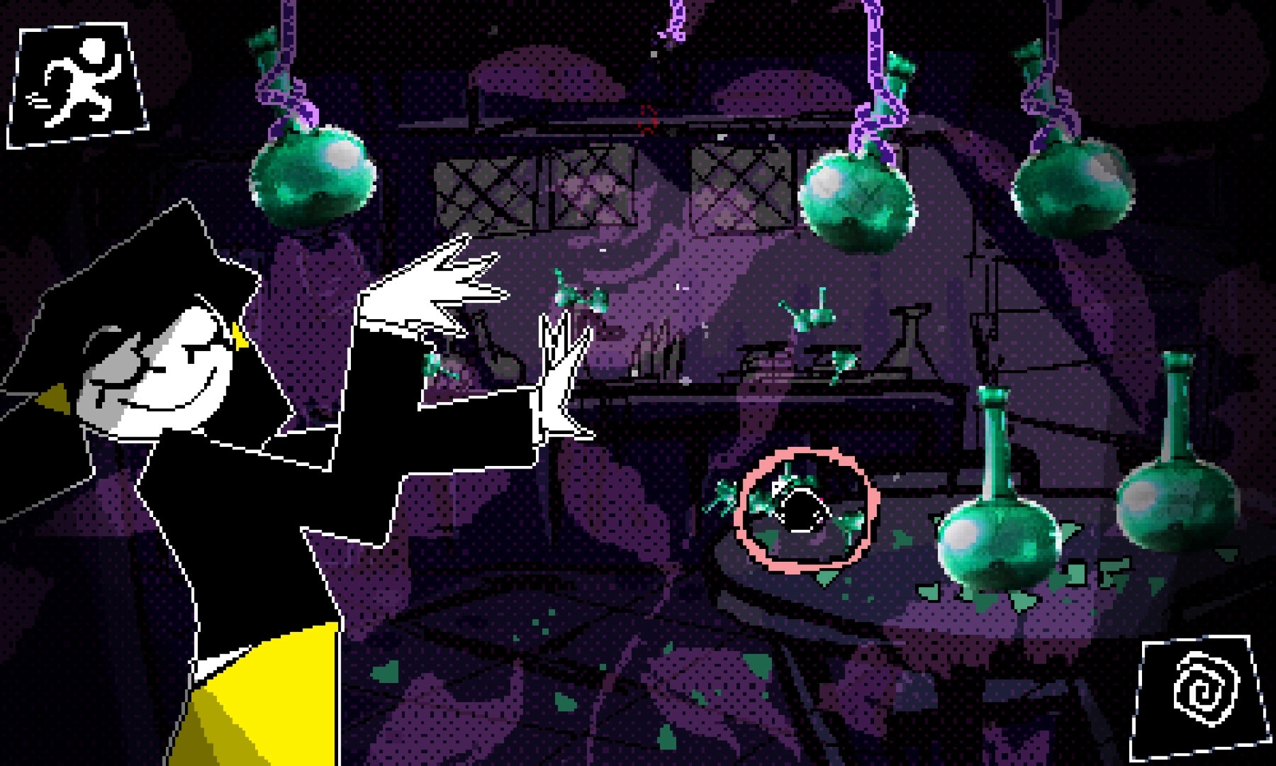 Mesmalie: Character casting spell in potion-filled witch's lab with run and spiral icons on screen