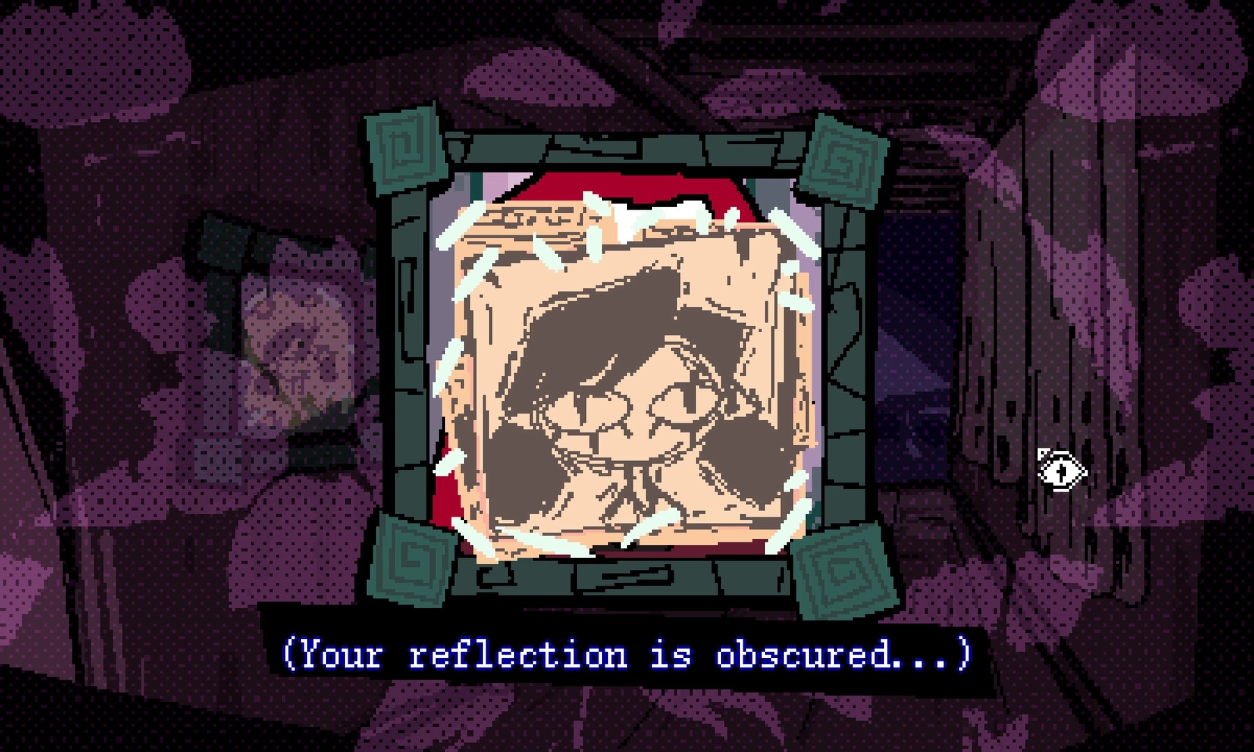 Mesmalie: Portrait with obscured reflection in dimly lit room, text reads "(Your reflection is obscured...)"