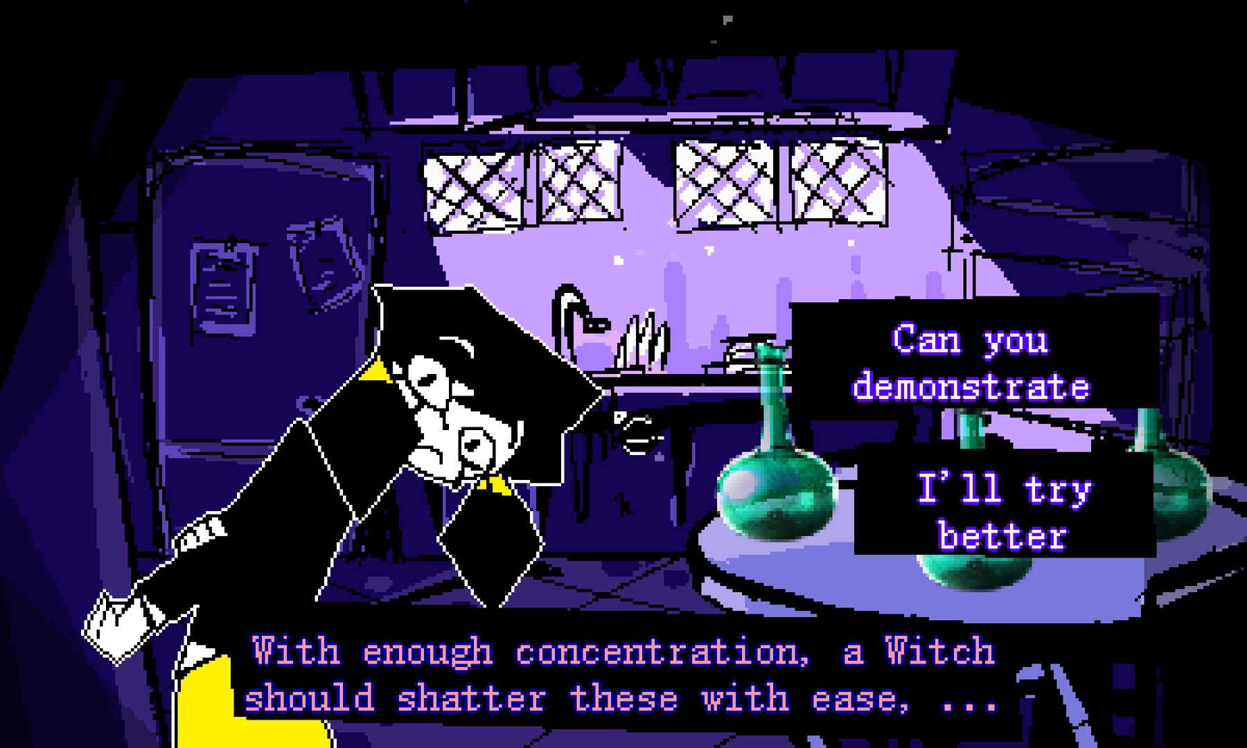 Mesmalie: Witch in dark kitchen with dialogue options beside glowing green potion bottles on table