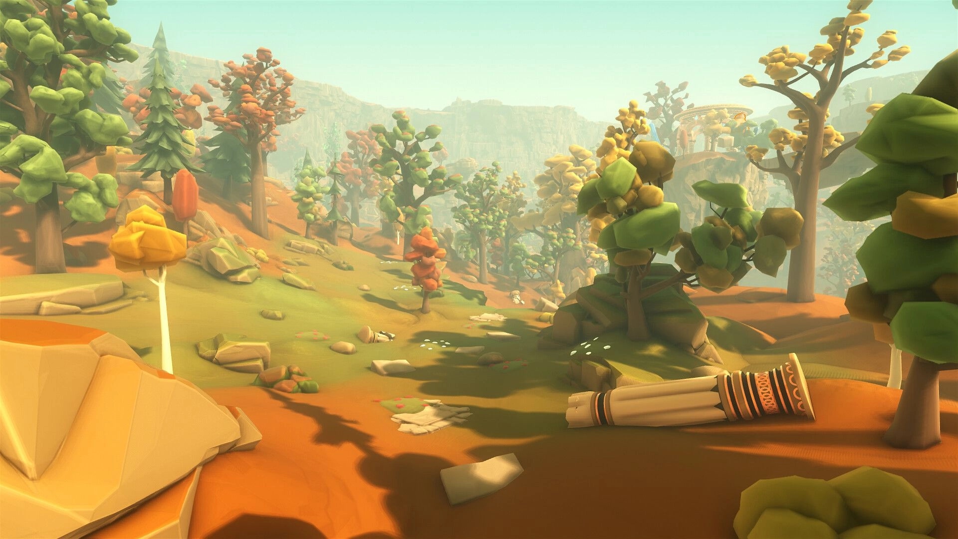 Mesoké: Vibrant forest landscape with scattered ruins and winding path under a clear blue sky