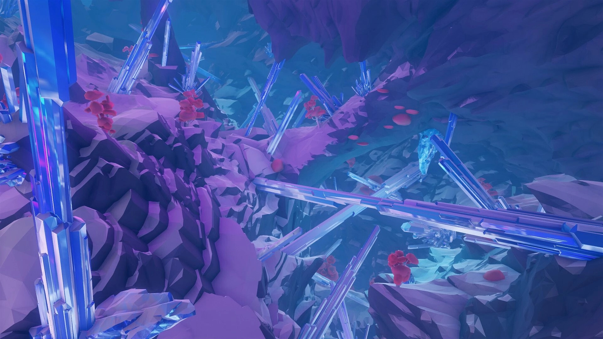 Mesoké: Vibrant crystal formations and red flora in a mystical cave environment with ethereal lighting.