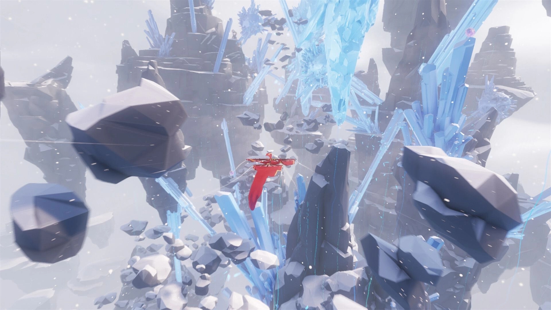 Mesoké: Gliding through icy canyon with floating rocks and crystalline structures in snowy environment