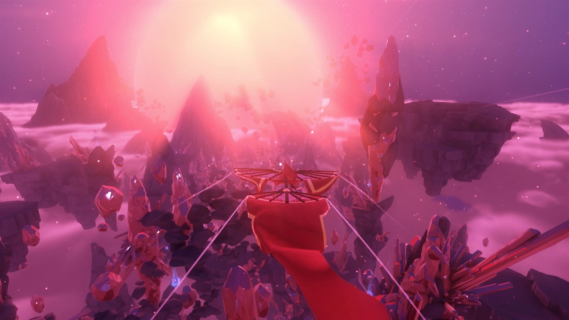 Mesoké: Soaring over a vivid, ethereal landscape with floating islands and radiant crystals at sunset.
