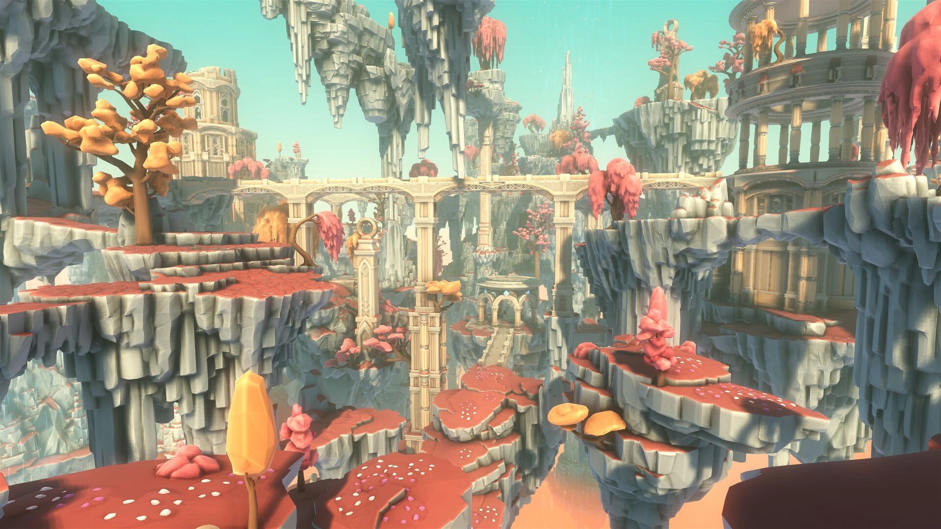 Mesoké: Floating stone platforms with orange trees and arches in a serene, pastel-colored environment.