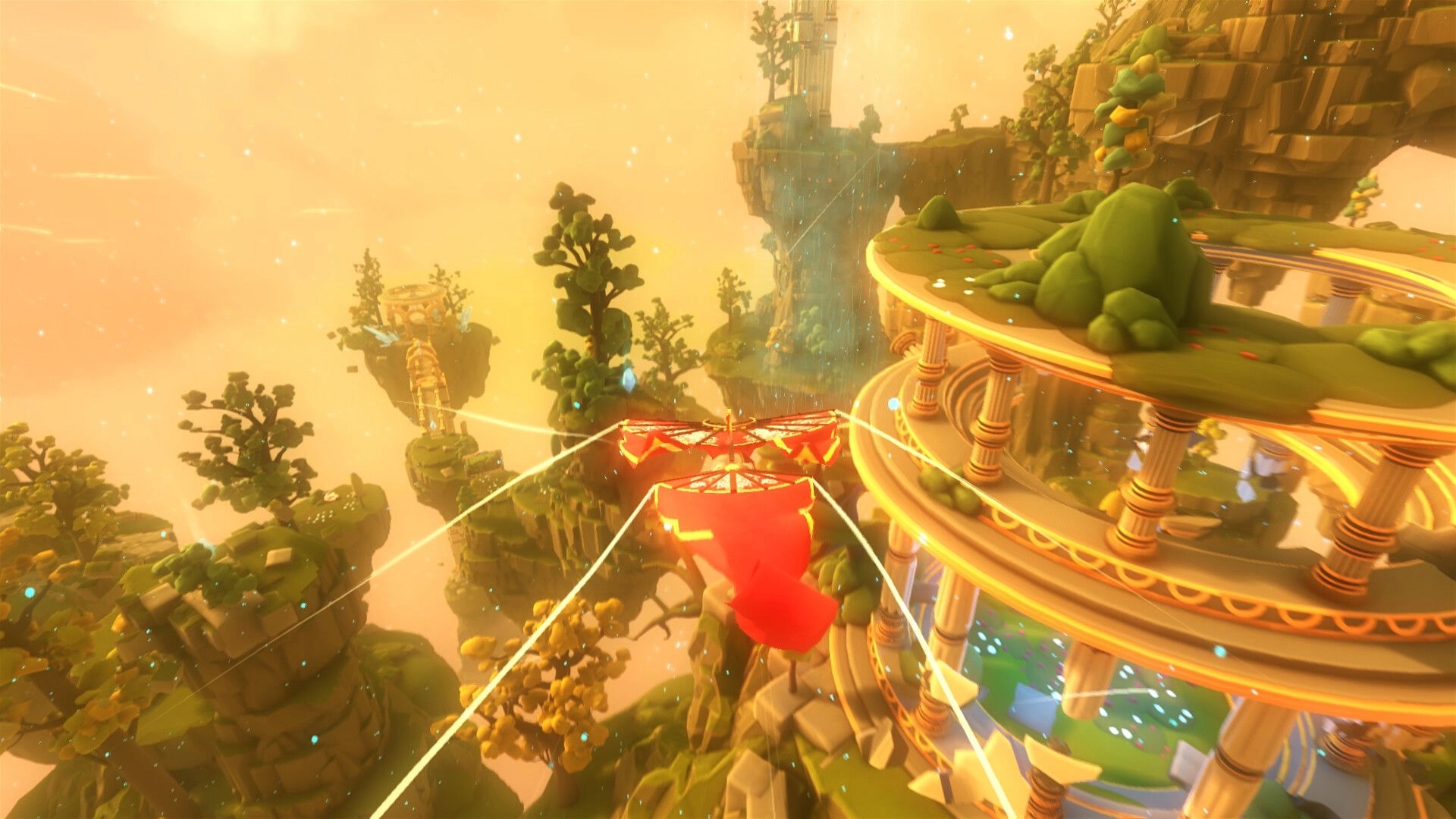 Mesoké: Gliding through floating islands and ancient ruins in a vibrant, sunlit aerial landscape