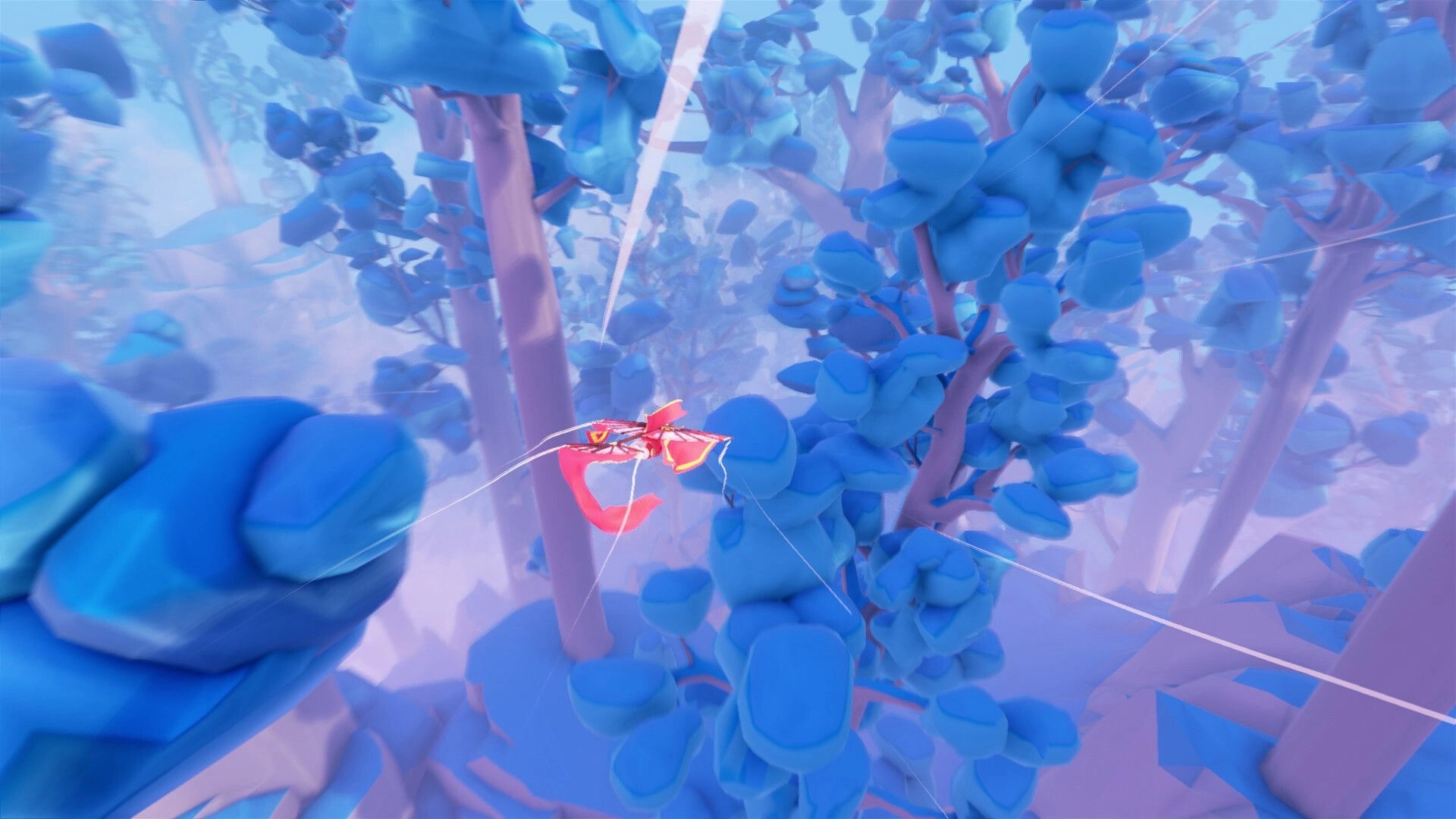 Mesoké: Gliding through vibrant blue forest, navigating between trees with precision and grace.