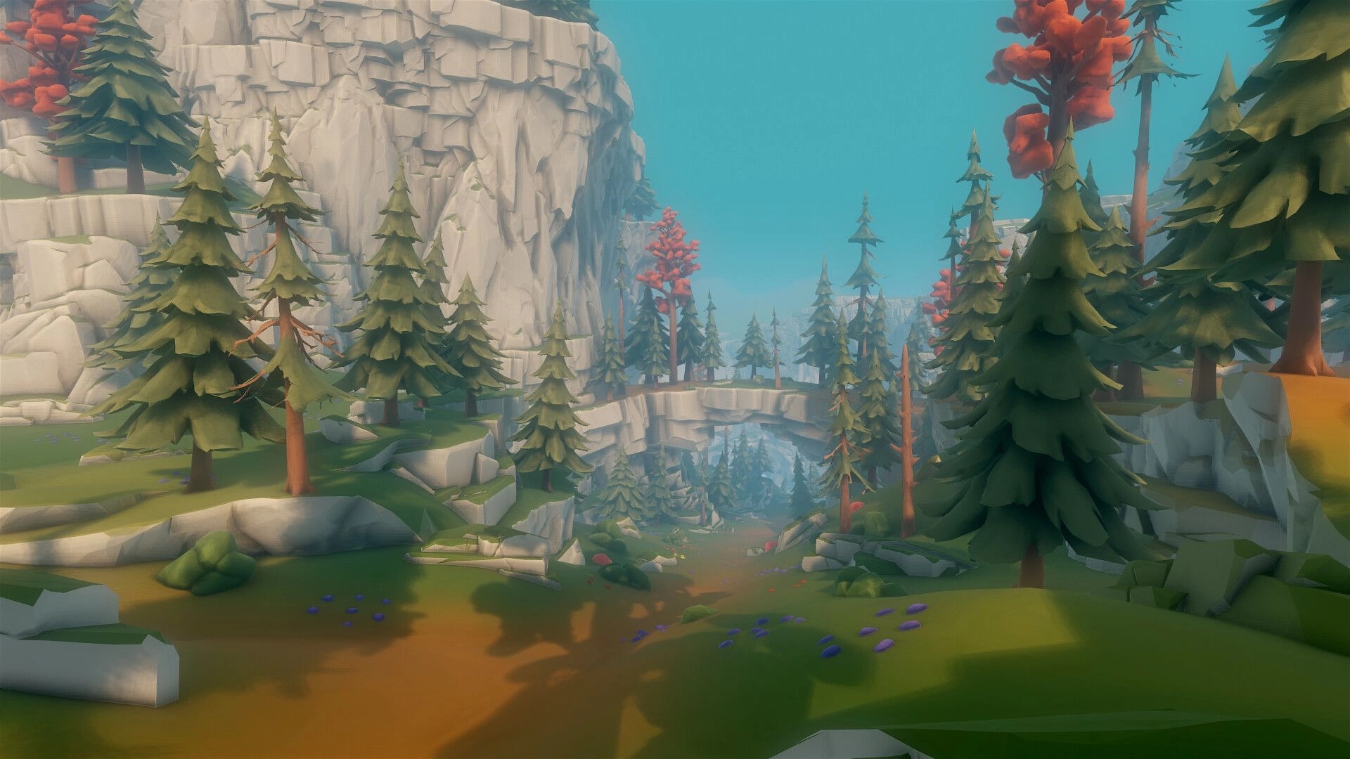 Mesoké: Serene forest landscape with tall pine trees and rocky cliffs under a clear blue sky.
