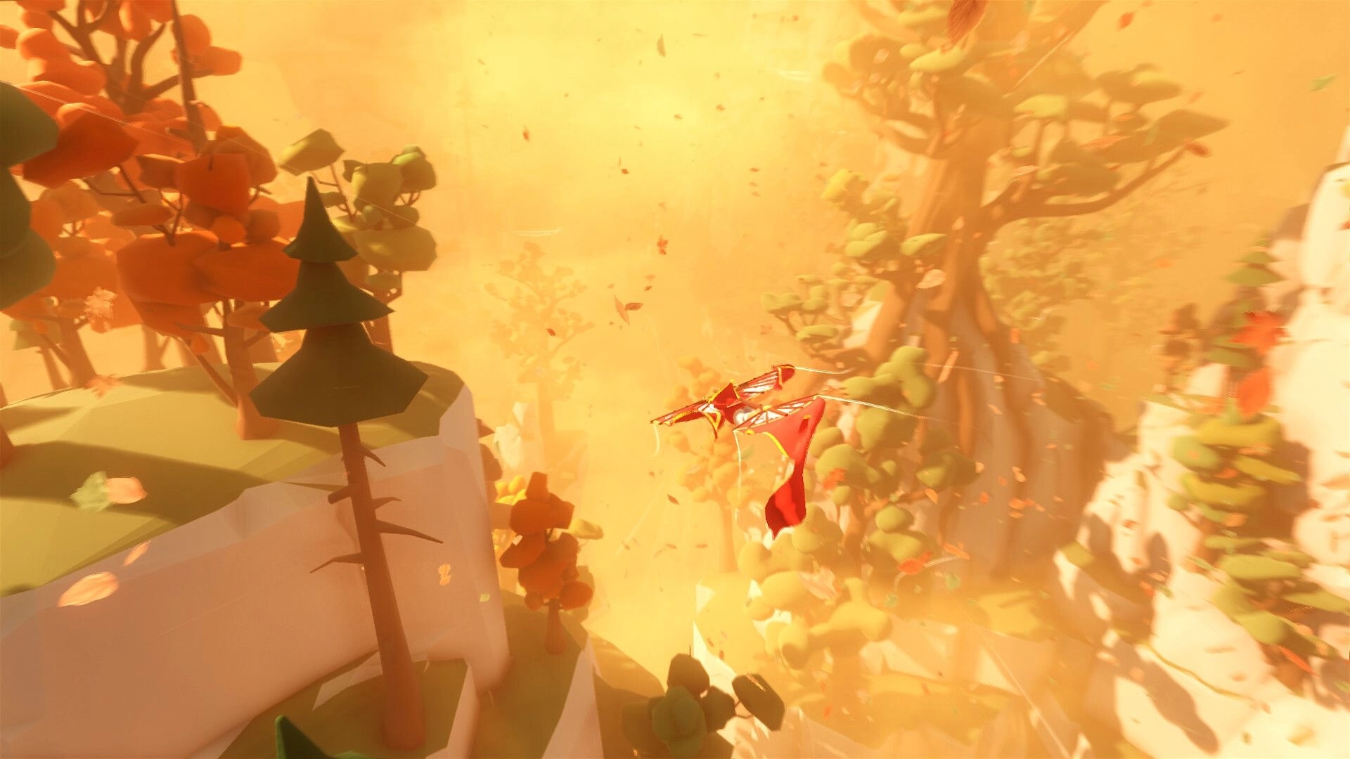 Mesoké: Player gliding over vibrant autumn forest with orange hues and scattered leaves in the air