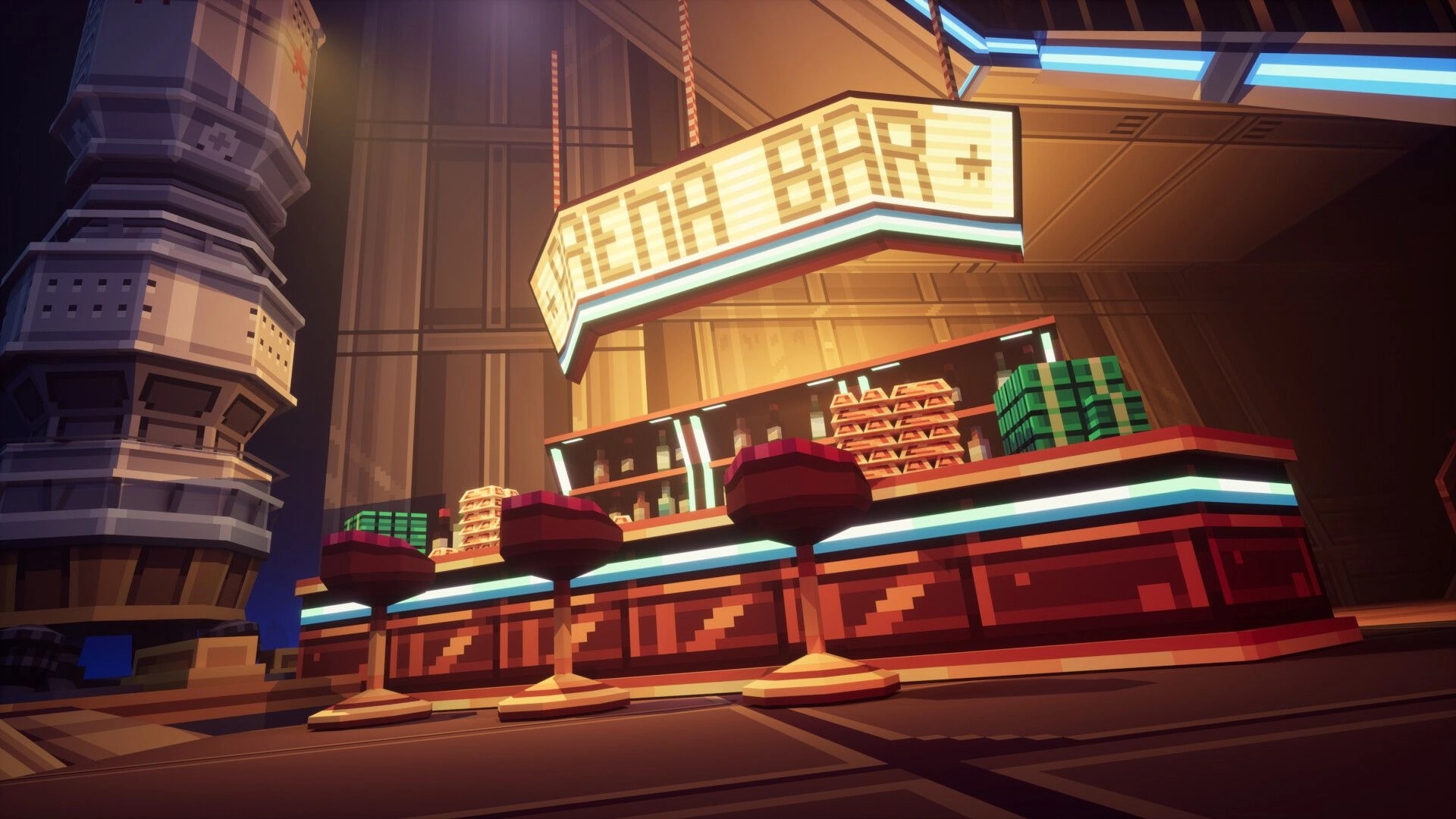 METACRAFT: Arena bar with neon sign, stools, and shelves stocked with bottles in a futuristic setting