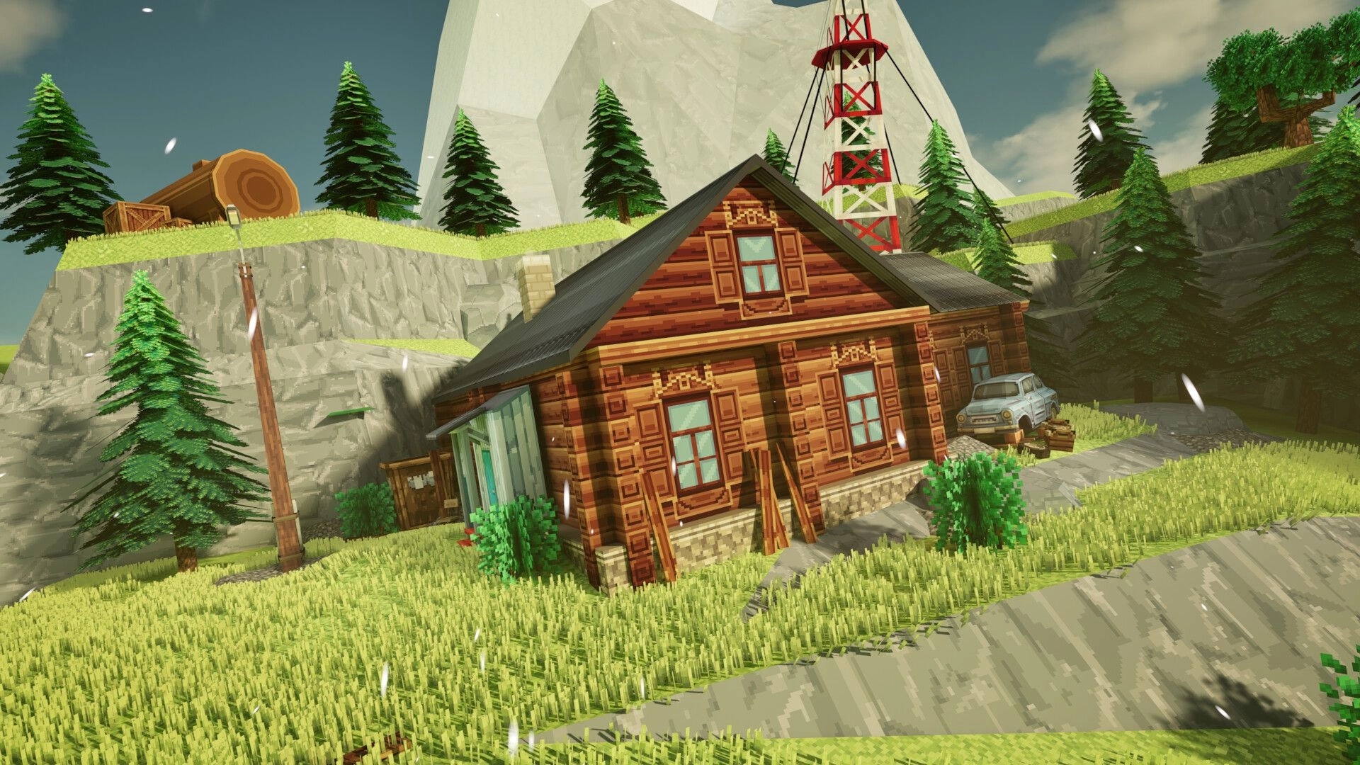 METACRAFT: Log cabin with red tower in a grassy mountain valley surrounded by pine trees