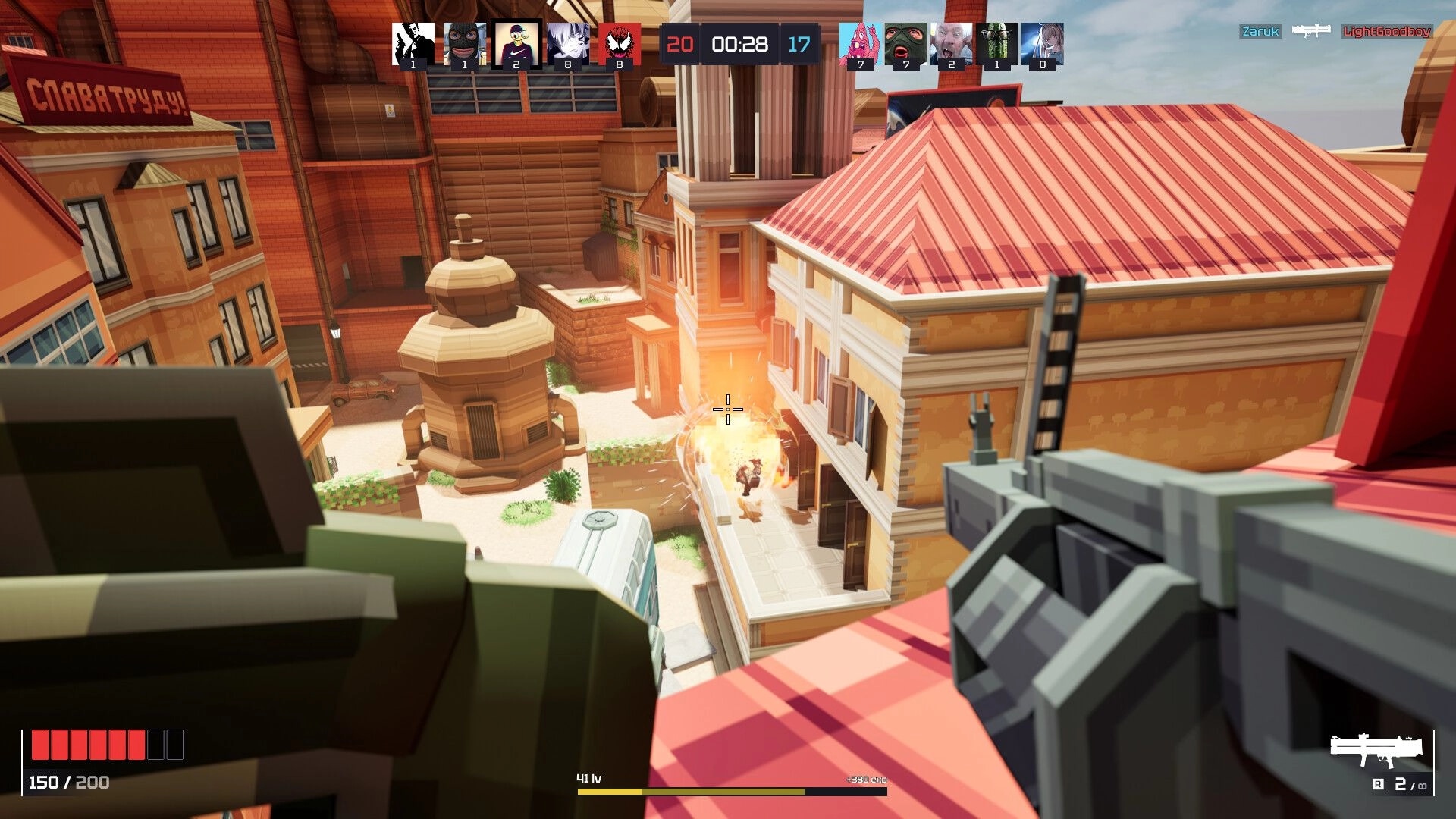 METACRAFT: Player aiming rifle from rooftop in urban arena with explosion below, score 20-17 displayed.