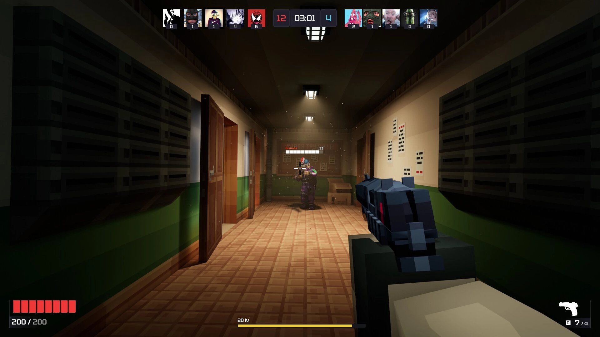 METACRAFT: First-person view in corridor with player aiming at enemy named Biscuit, health and ammo HUD