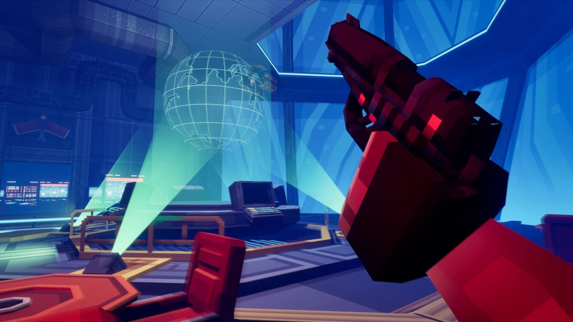 METACRAFT: Player holding a gun in futuristic control room with holographic globe and computer screens