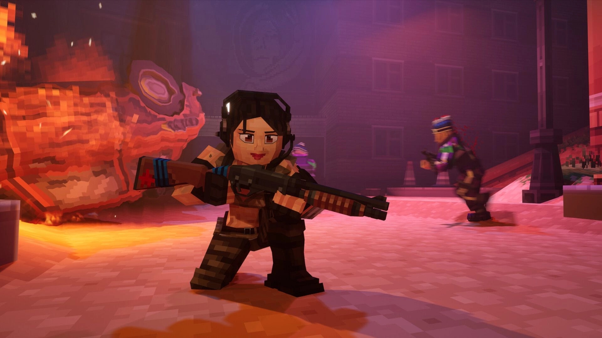 METACRAFT: Player character crouching with weapon in fiery urban arena, opposing fighters nearby
